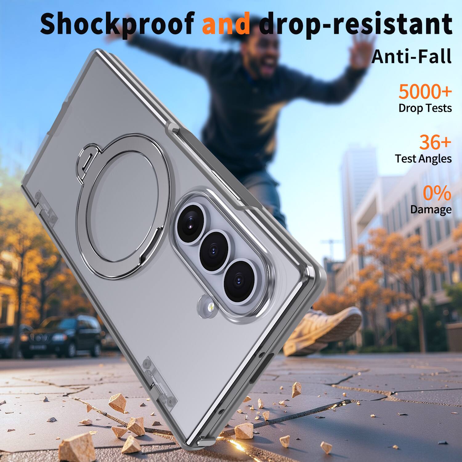 Shockproof and drop-resistant  
Anti-Fall  
5000+ Drop Tests  
36+ Test Angles  
0% Damage
