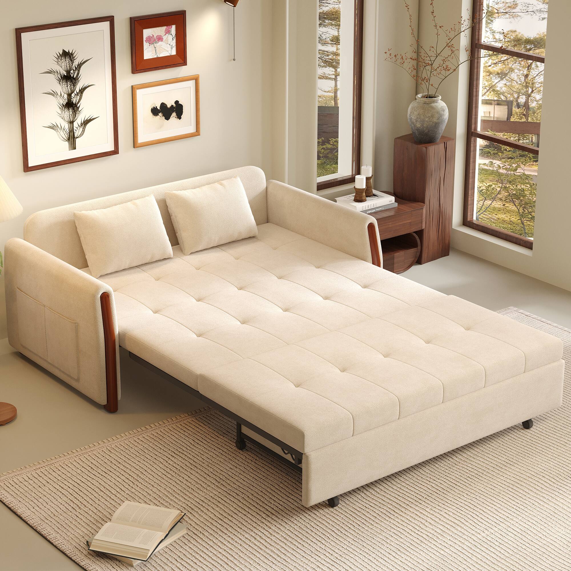 Back. luck idea - Beige 2 Seater Pull Out Sofa Bed with Storage, Wooden Arm Convertible Loveseat Sleeper Couch for Small Space - white.