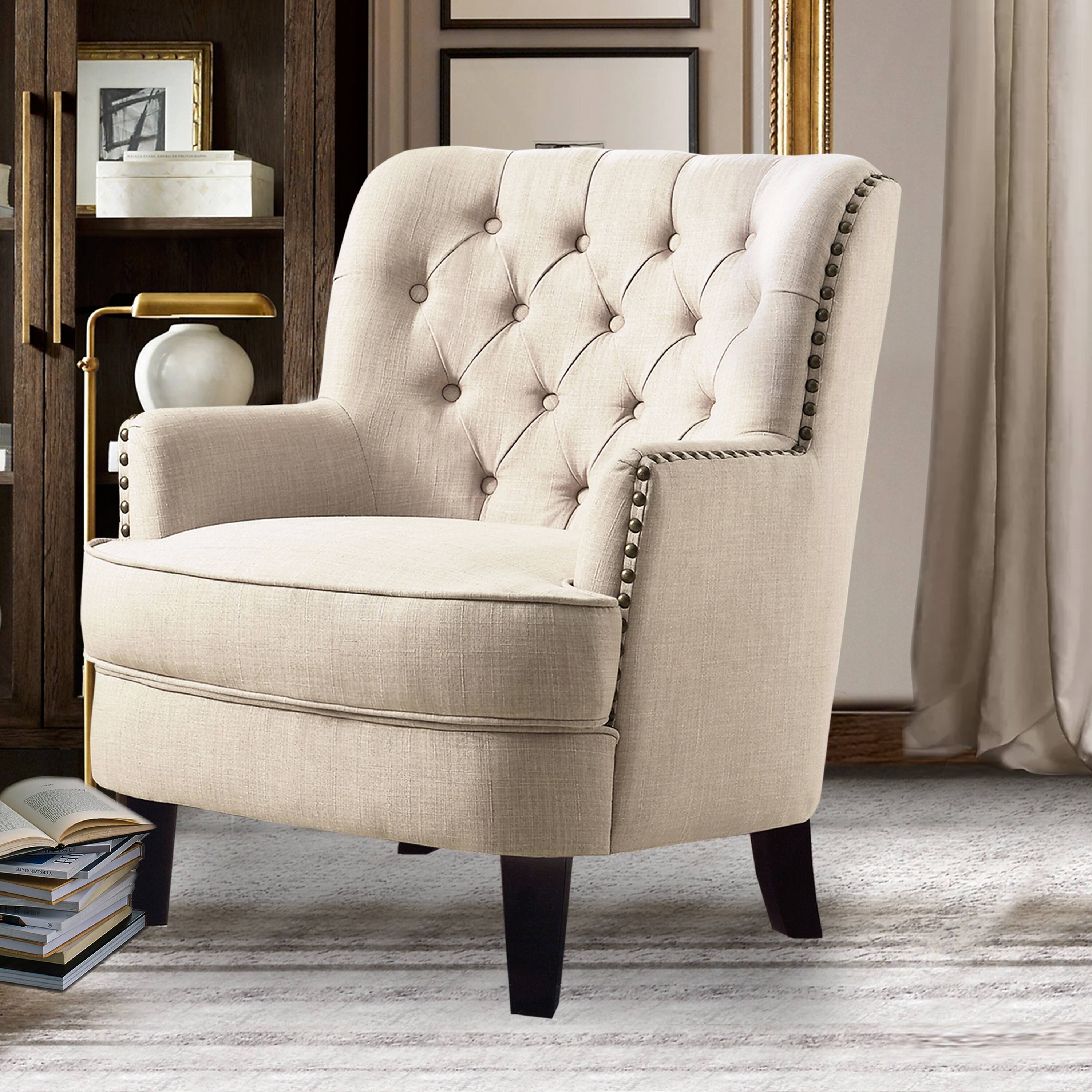 Alt View 1. Boyel Living - Velvet Button Tufted Accent Chair with Nailhead Trim and Solid Wood Legs - Beige.