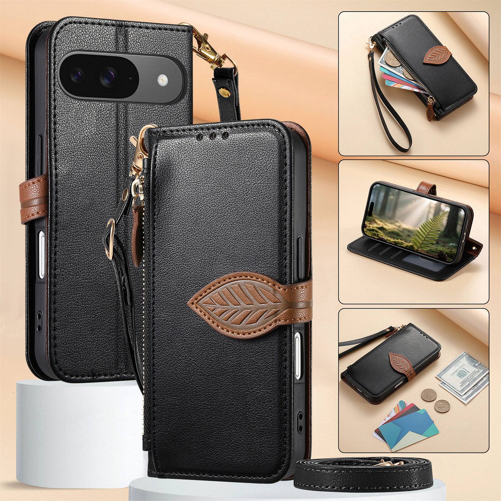 Alt View 5. Dteck - Case for Google Pixel 11 Pro/11 Shockproof Flip PU Leather Zipper Card Slot Leaf Magnetic Buckle Wallet Cover With Strap - Black.