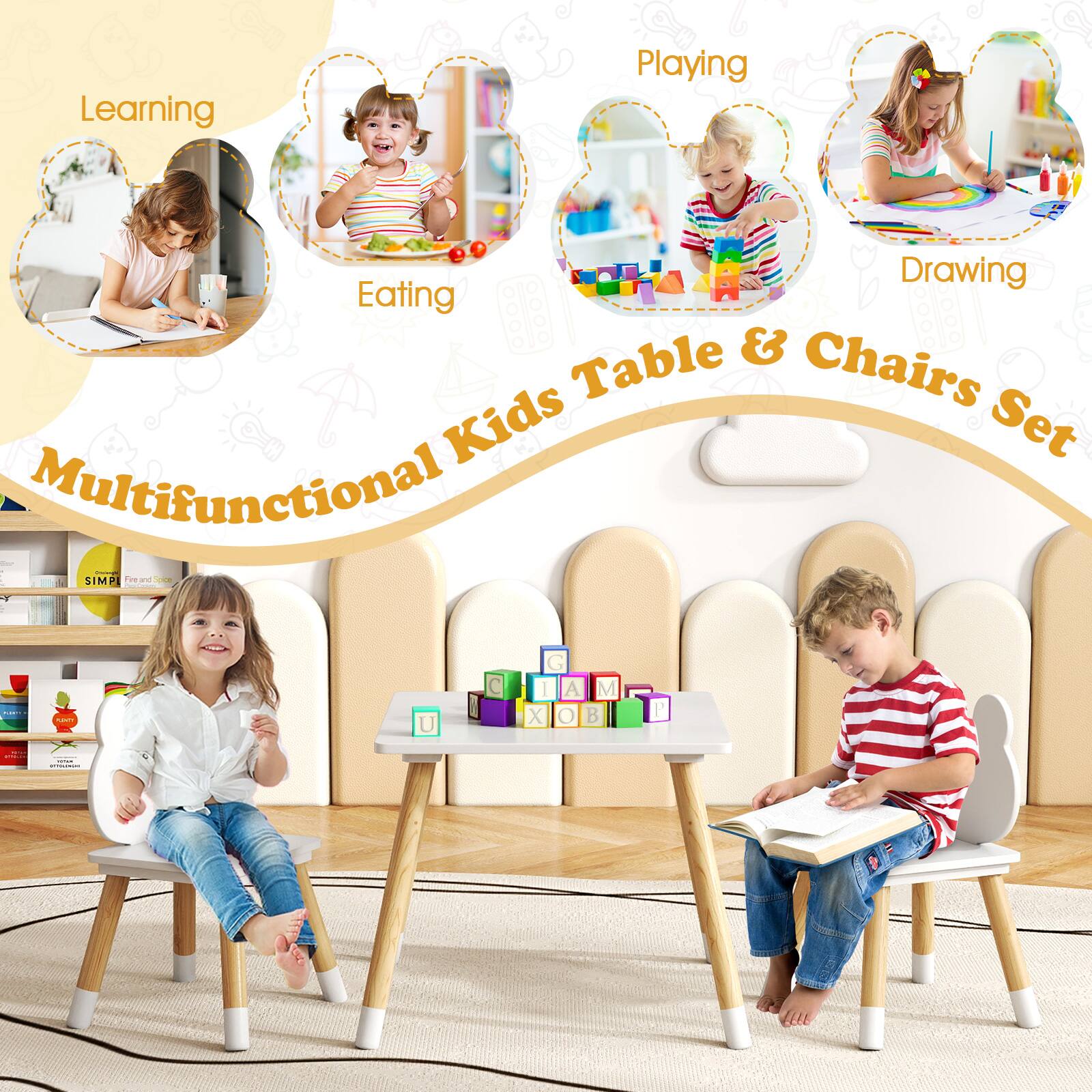Learning  
Eating  
Playing  
Drawing  

Multifunctional Kids Table & Chairs Set  

SIMPLE Free and Safe