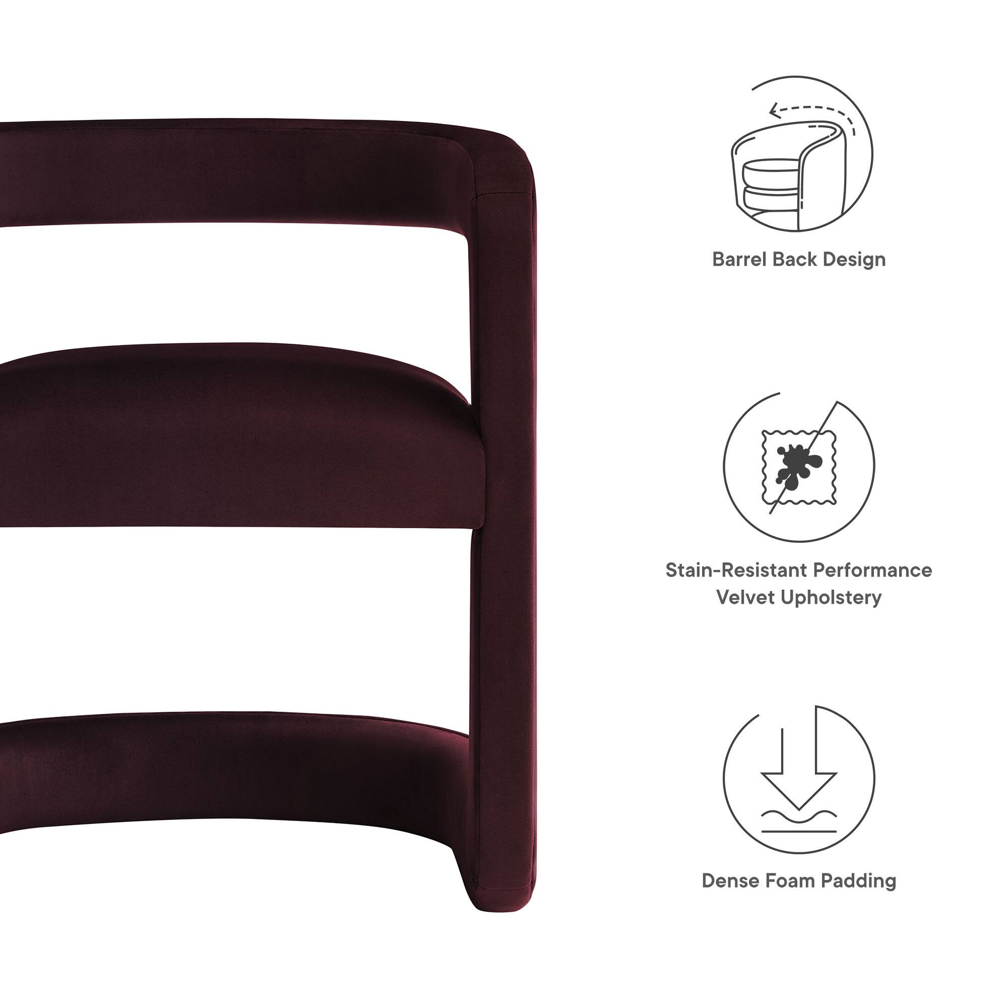 - Barrel Back Design
- Stain-Resistant Performance Velvet Upholstery
- Dense Foam Padding