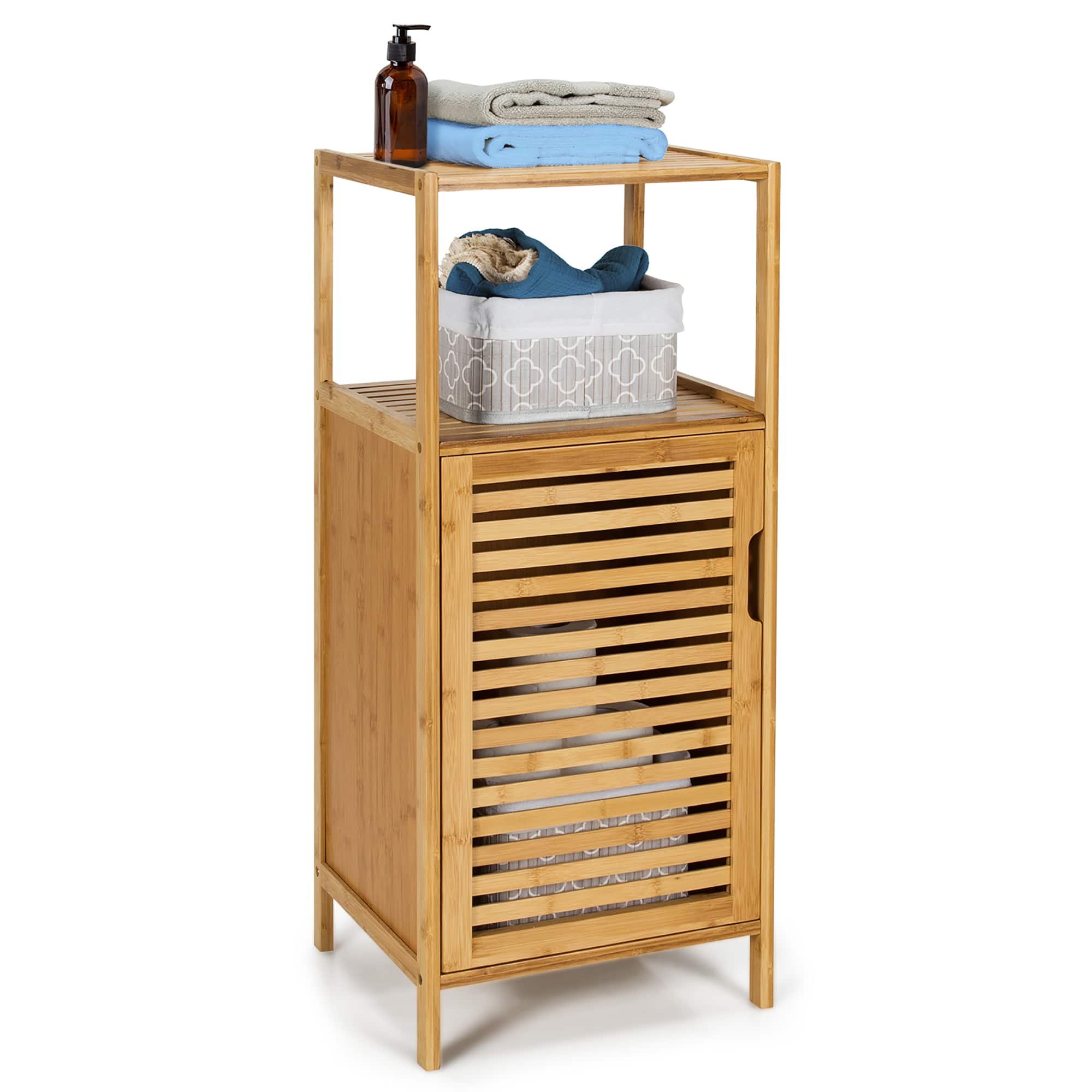 When someone is looking for a storage solution for their bathroom, they might consider a wooden shelf with a basket on top. This shelf is made of wood and has a basket on top, which can be used to store towels or other bathroom essentials. The shelf is designed to hold items such as towels, toiletries, and other bathroom necessities. It is a practical and stylish addition to any bathroom, providing both storage and a decorative touch.