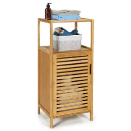 Costway - Bamboo Bathroom Storage Floor Cabinet w/Door and Shelf Corner Cabinet - Burlywood