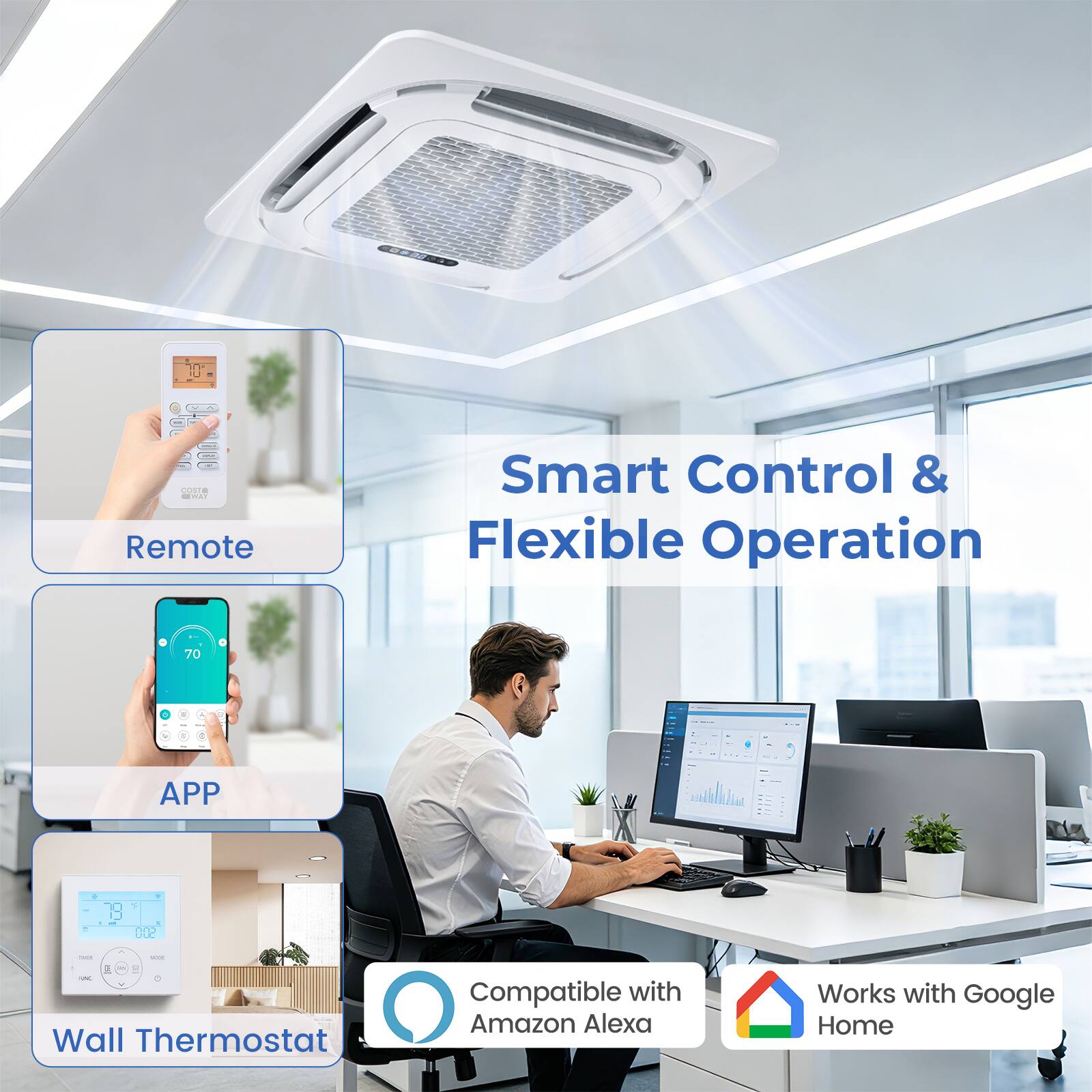 Smart Control & Flexible Operation

- Remote
- APP
- Wall Thermostat

Compatible with Amazon Alexa
Works with Google Home