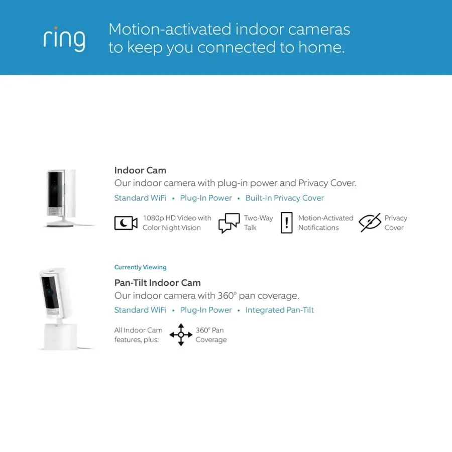 Motion-activated indoor cameras ring to keep you connected to home.

Indoor Cam:
Our indoor camera with plug-in power and Privacy Cover.
Standard WiFi Plug-In Power
Built-in Privacy Cover
1080p HD Video with Color Night Vision
Two-Way Talk
Motion-Activated Notifications
Pan-Tilt Indoor Cam:
Our indoor camera with 360 pan coverage.
Standard WiFi Plug-In Power
Integrated Pan-Tilt
All Indoor Cam features, plus:
360 Pan Coverage