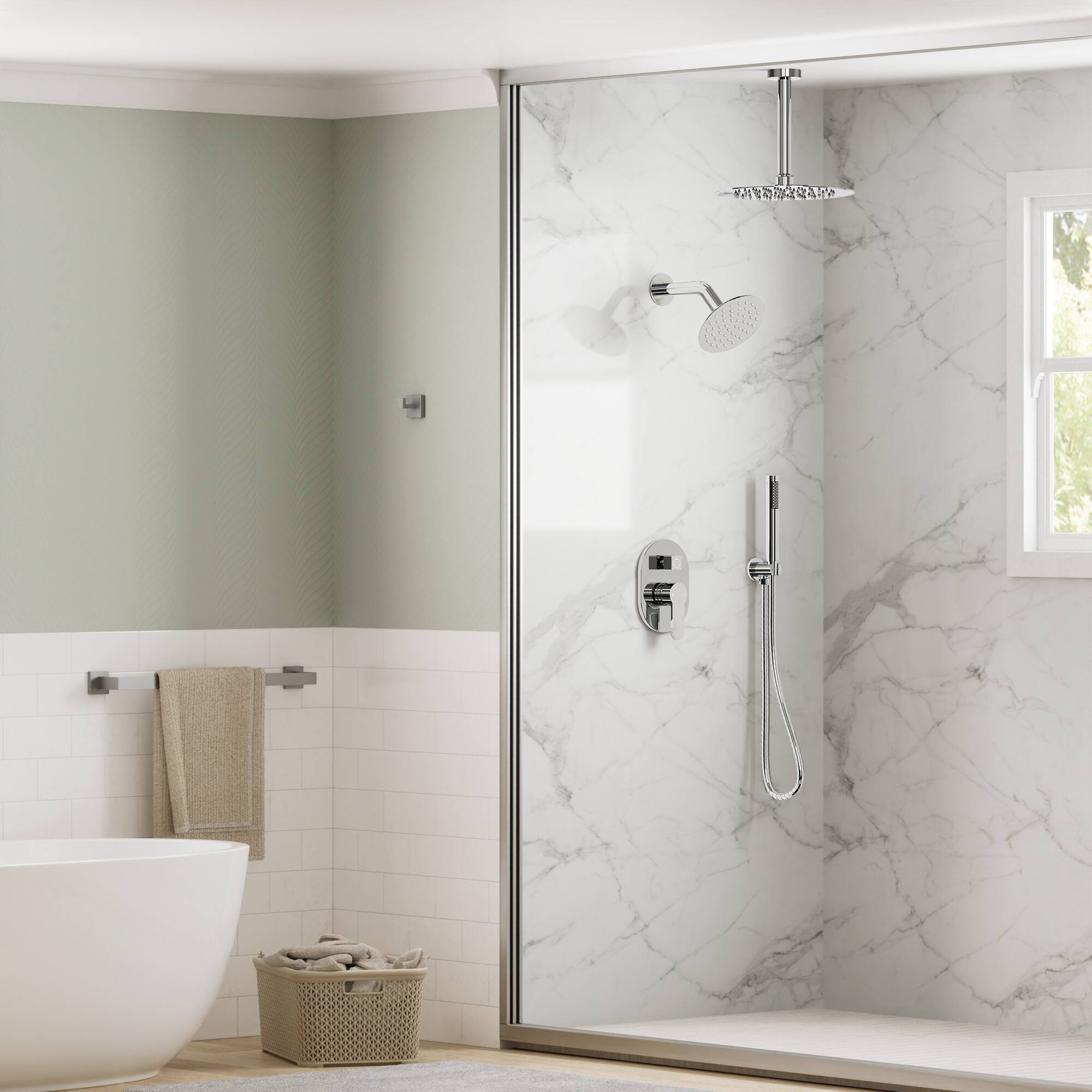 Left. GRANDJOY - Dual Shower Head System with 10" Rainfall Head, Handheld Sprayer and Adjustable Slide Bar - Polished Chrome.