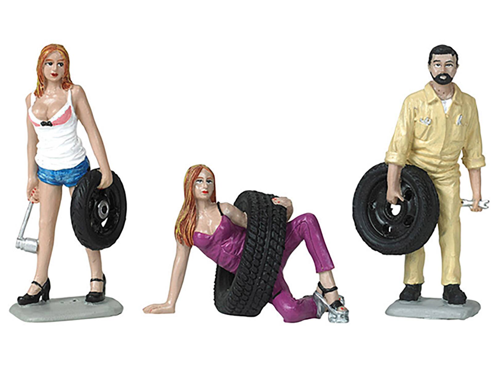 Alt View 1. Motorhead Miniatures - Val, Meg and Gary Tire Brigade 3 piece Figurine Set 1/24 by Motorhead Miniatures.