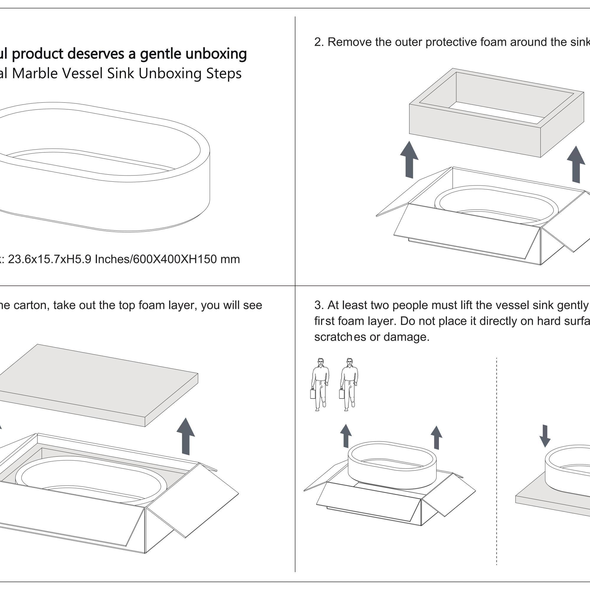 Sure, here is the corrected and grouped text:

---

**Luxurious Marble Vessel Sink Unboxing Steps**

1. **Remove the outer protective foam around the sink**  
   - Dimensions: 23.6x15.7xH5.9 Inches/600X400XH150 mm

2. **At least two people must lift the vessel sink gently**  
   - Do not place it directly on hard surfaces to avoid scratches or damage.

---

**Unboxing Instructions:**

- Take out the top foam layer from the carton.
- You will see the sink protected by foam.
- Carefully remove the foam around the sink.
- Lift the sink gently with at least two people to avoid damage.