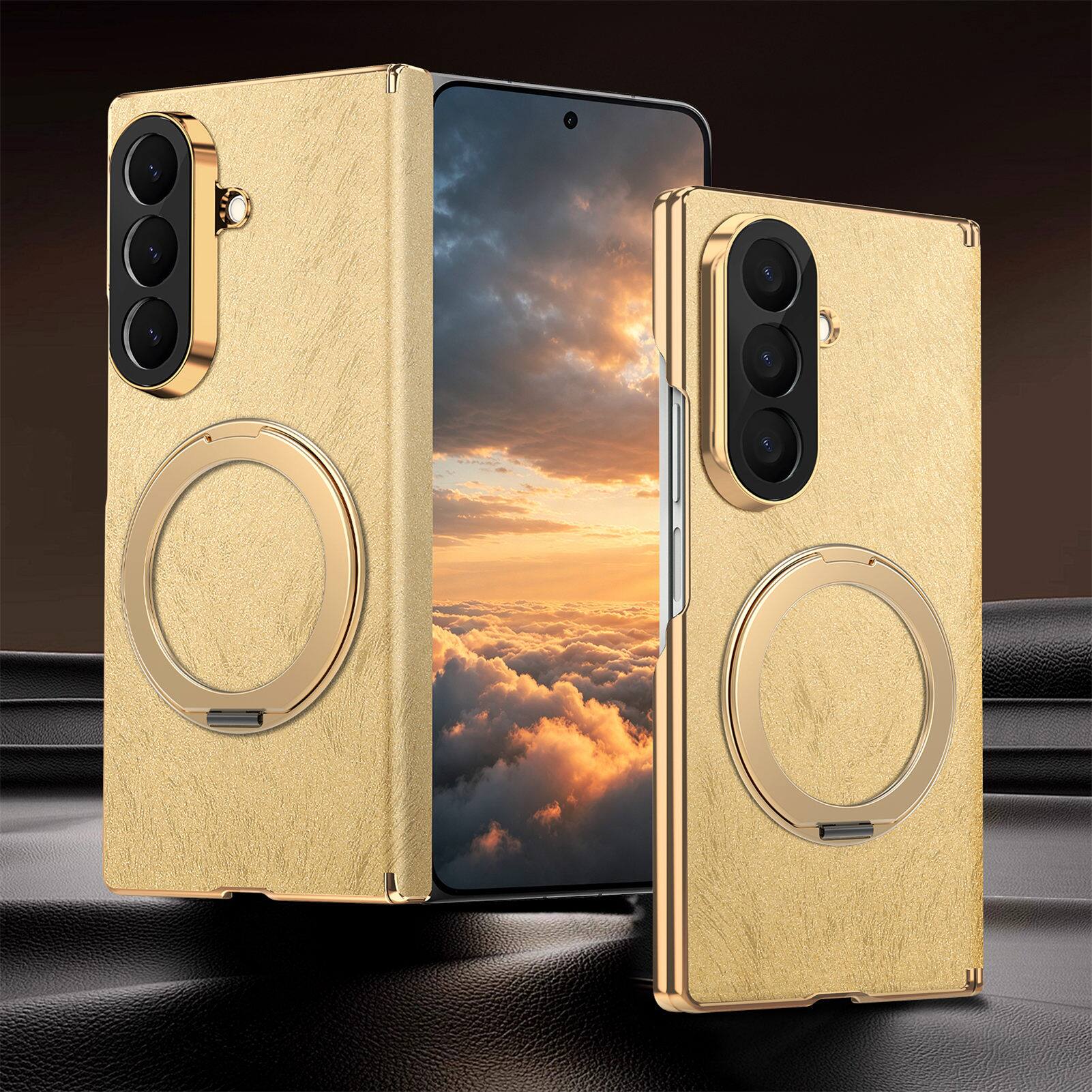 Left. Dteck - Shockproof Magnetic Case for Samsung Galaxy Z Fold8 Ultra with Ring Stand, Leather Texture Rigid Plastic Hinge Cover - Yellow.