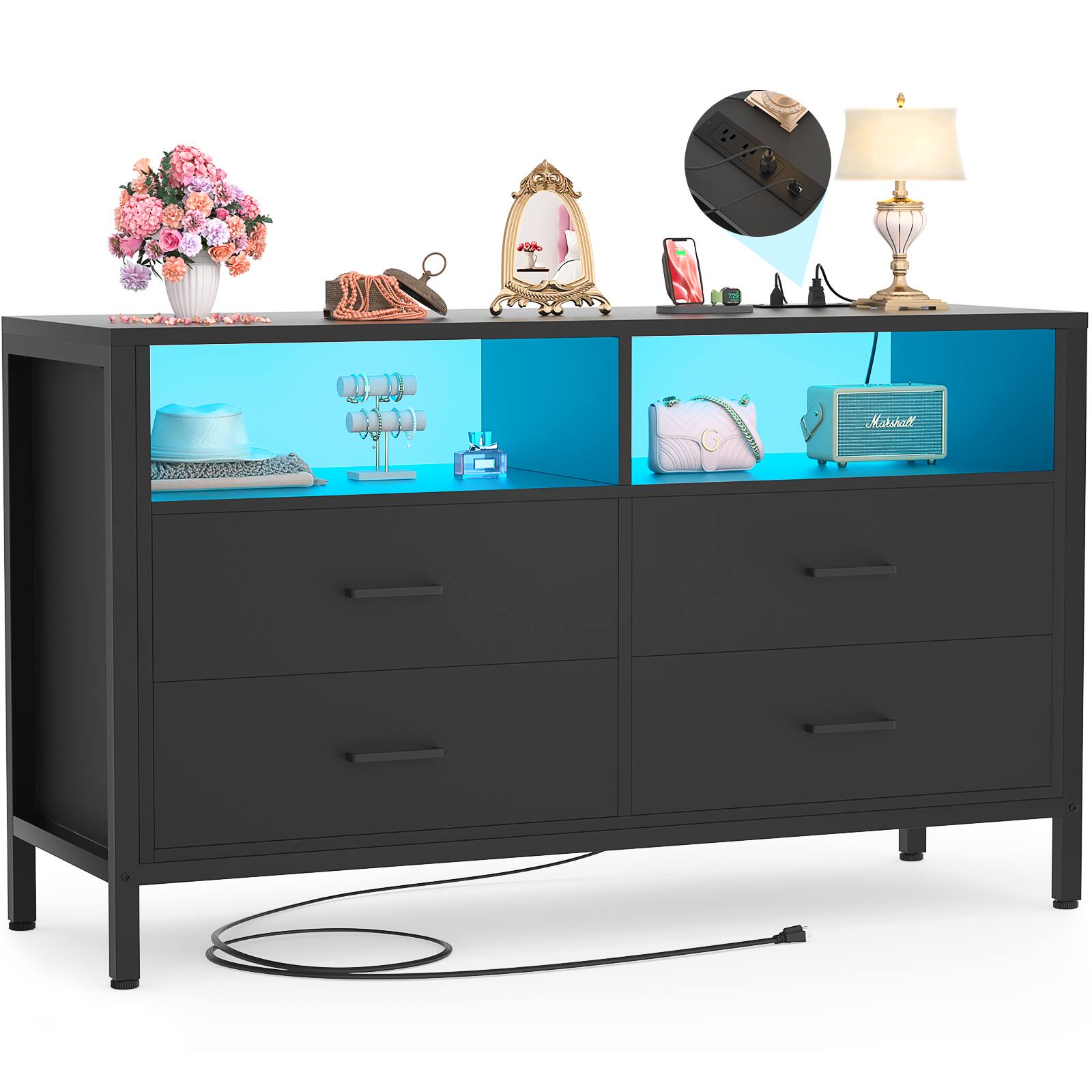 Angle. Aheaplus - 4 Drawer Dresser with Power Outlet and LED Light, 43.3'' Wide Storage Cabinet with Open Shelves - Black.