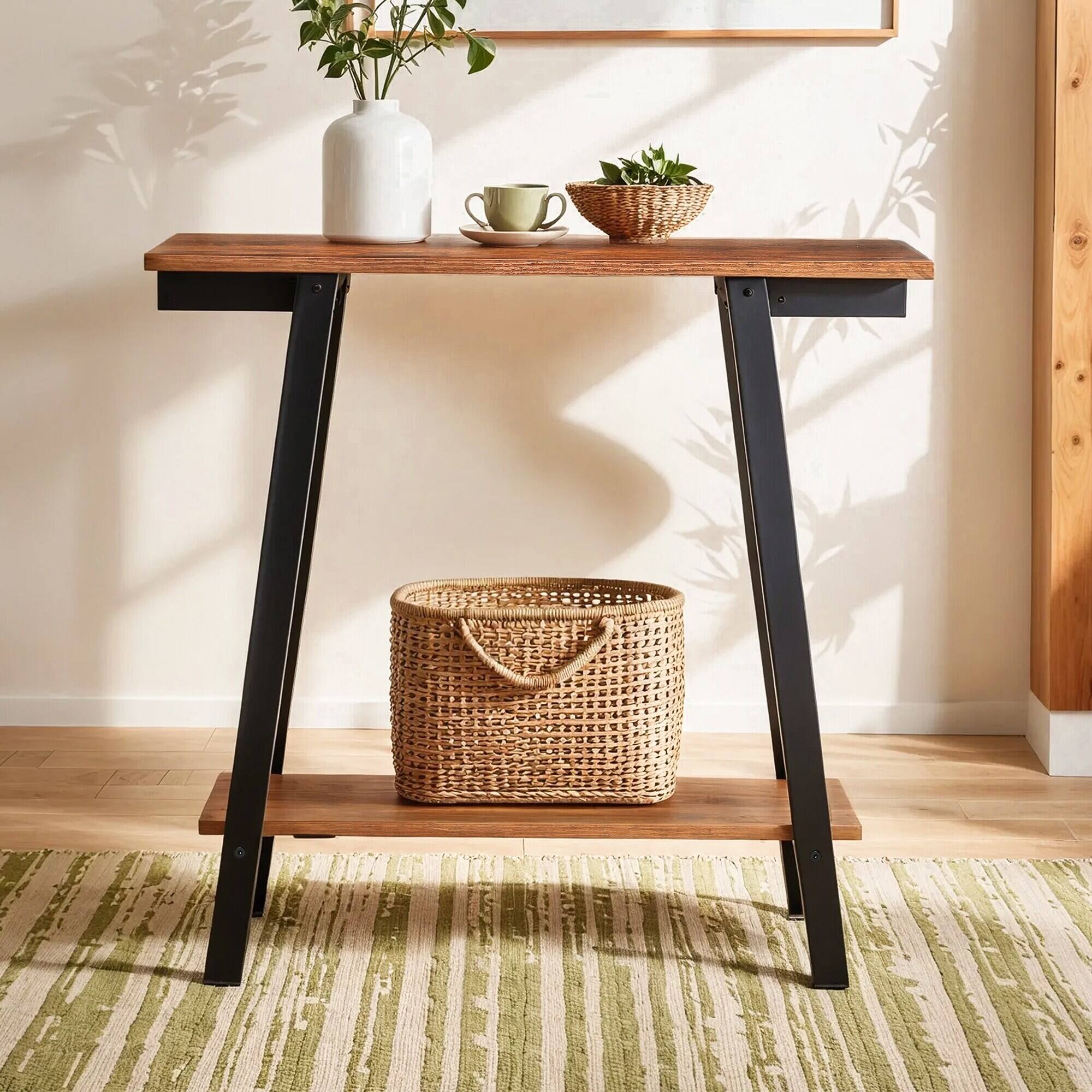 Alt View 4. U-HOMY - Rustic Wood Console Table with Shelves, 29.5"H Narrow Entryway Sofa Table for Hallway/Behind Couch - 30"W.