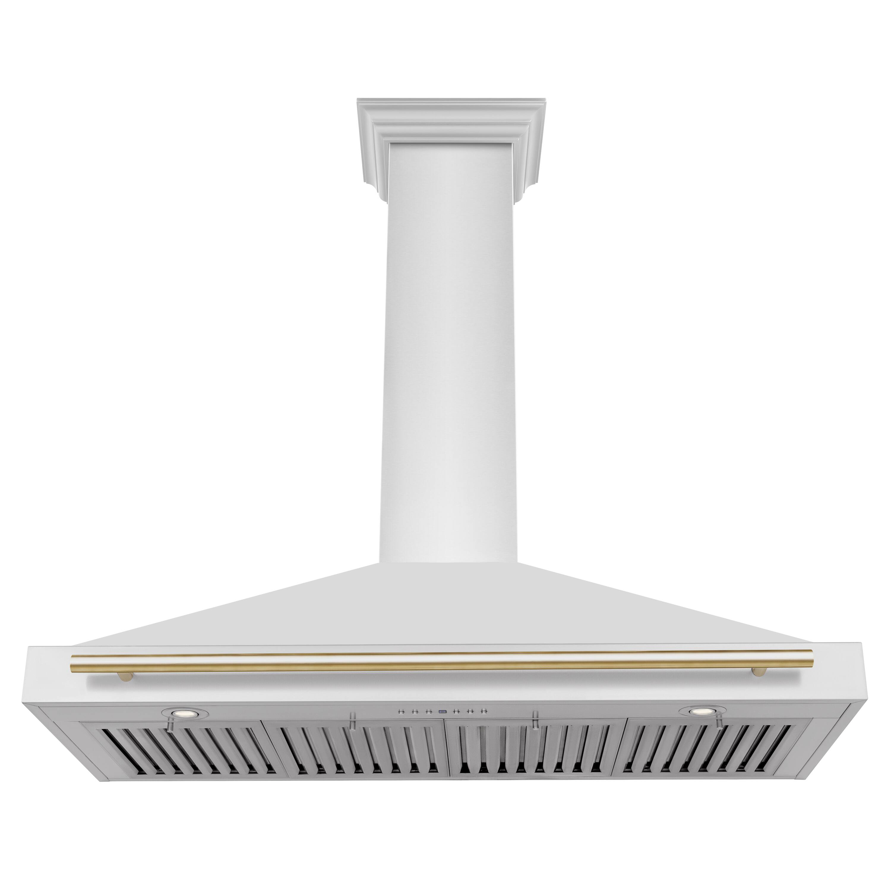 Angle. ZLINE - 48 in. Autograph Edition Convertible Stainless Steel Range Hood with Stainless Steel Shell and Polished Gold Accents - Stainless steel.