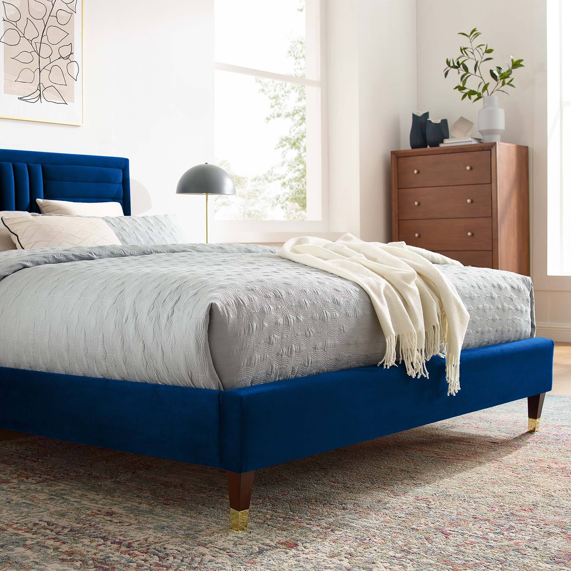 Back. Modway - Sofia Channel Tufted Performance Velvet Platform Bed With Wood and Gold Legs - Navy.