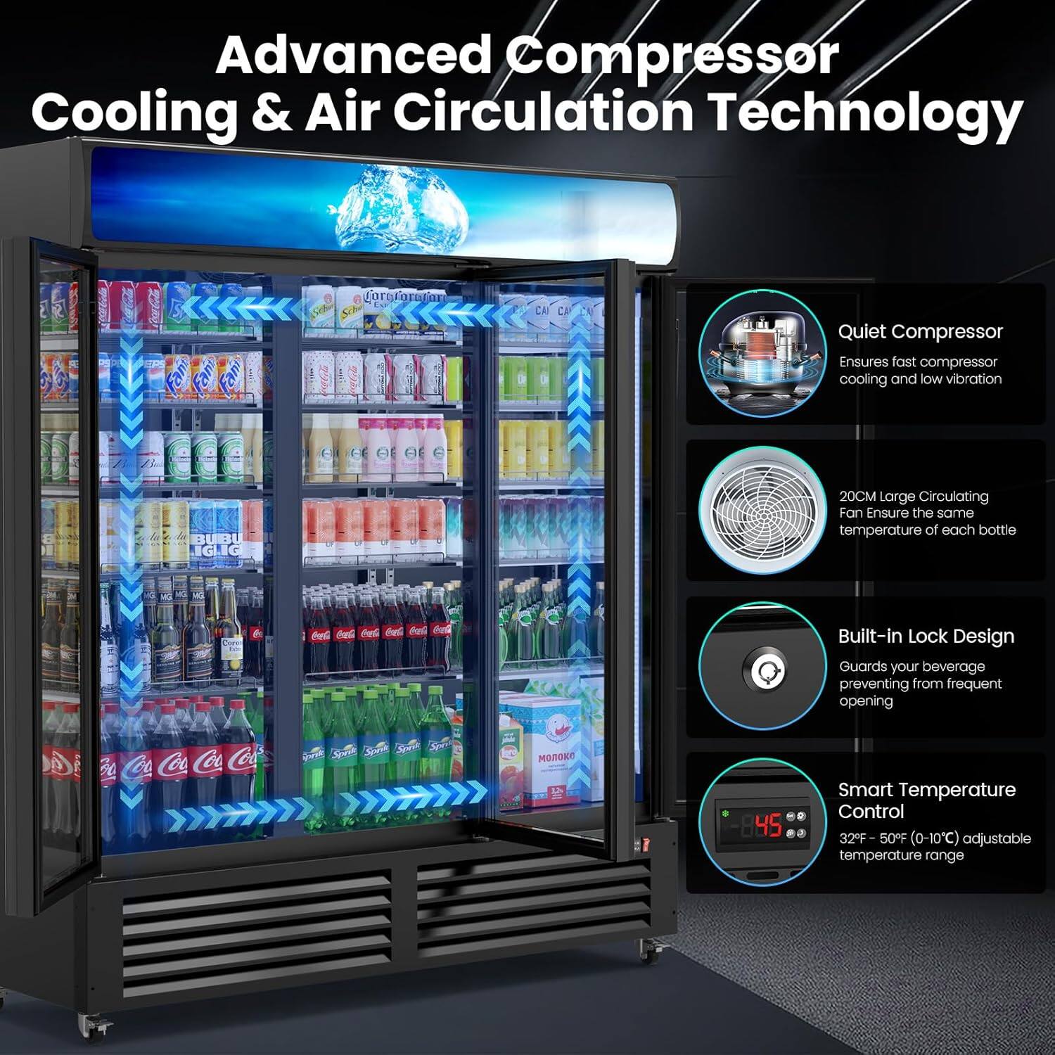 Advanced Compressor Cooling & Air Circulation Technology

- Quiet Compressor: Ensures fast compressor cooling and low vibration
- 20CM Large Circulating Fan: Ensures the same temperature of each bottle
- Built-in Lock Design: Guards your beverage preventing from frequent opening
- Smart Temperature Control: 32°F - 50°F (0-10°C) adjustable temperature range