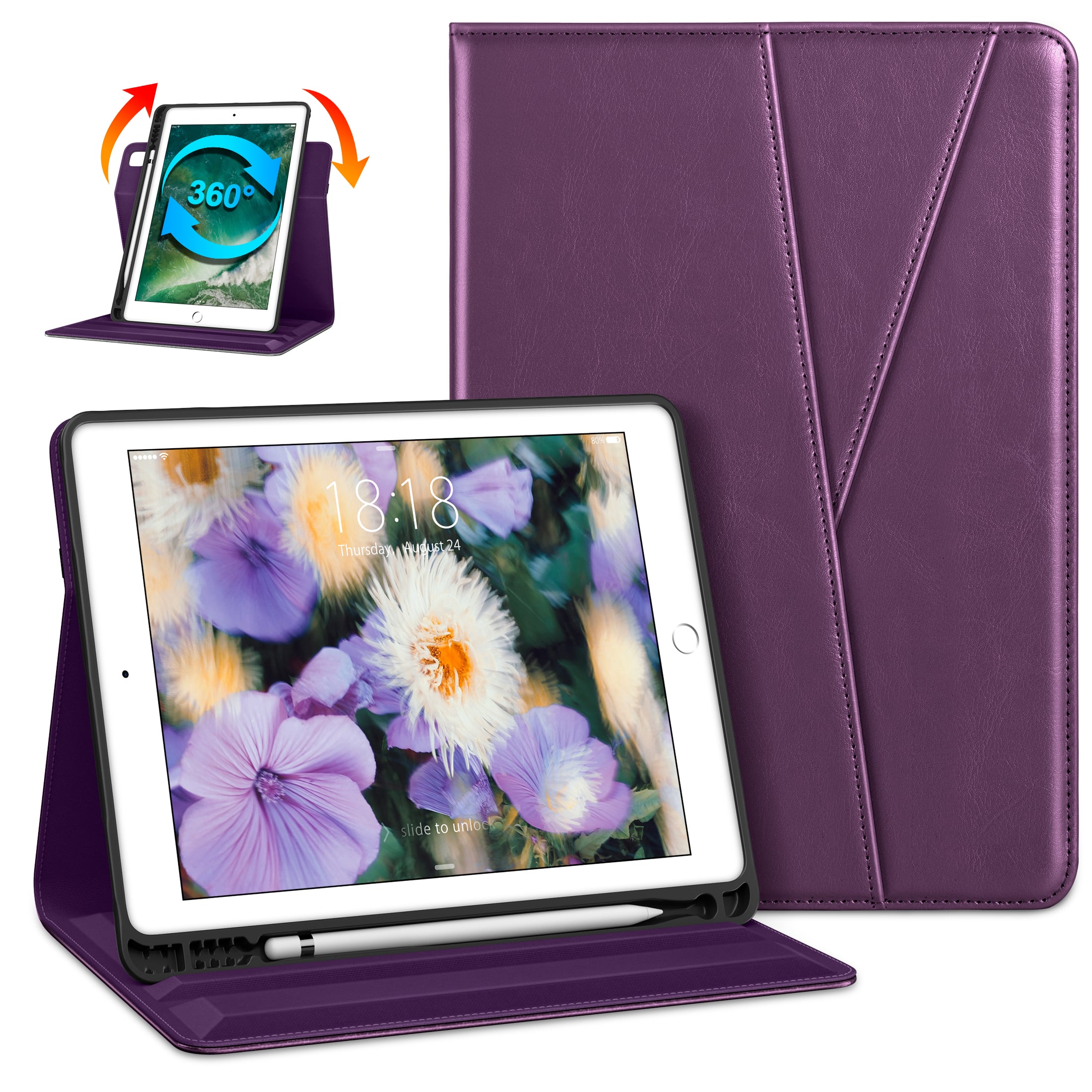 DTTO - Case for iPad 6/5 & Air 2/1 9.7" - 360° Rotating Leather Folio Stand with Pencil Holder & Auto Wake/Sleep - Purple