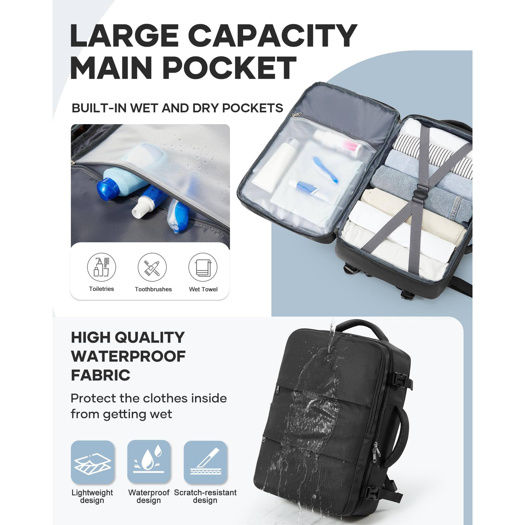 LARGE CAPACITY MAIN POCKET

BUILT-IN WET AND DRY POCKETS
- Toiletries
- Toothbrushes
- Wet Towel

HIGH QUALITY WATERPROOF FABRIC
Protect the clothes inside from getting wet

- Lightweight design
- Waterproof design
- Scratch-resistant design