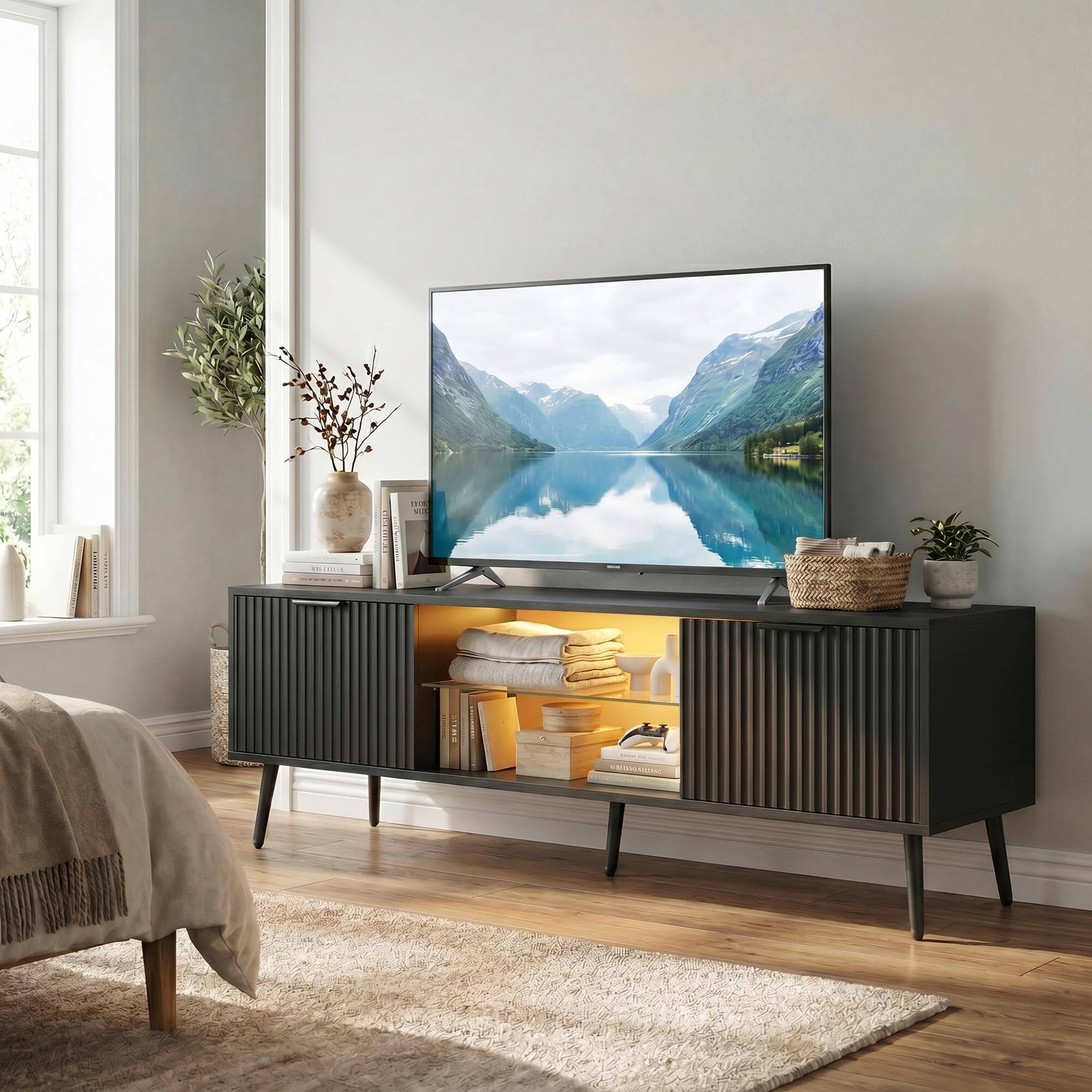 Left. Aheaplus - Multifunctional TV Stand with Power Hub & RGB Lights, Fits 30-60 Inch TVs, Modern Storage Console for Living/Game Room - Black.