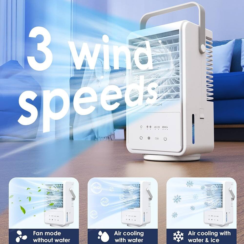 3 wind speeds

- Fan mode without water
- Air cooling with water
- Air cooling with water & ice