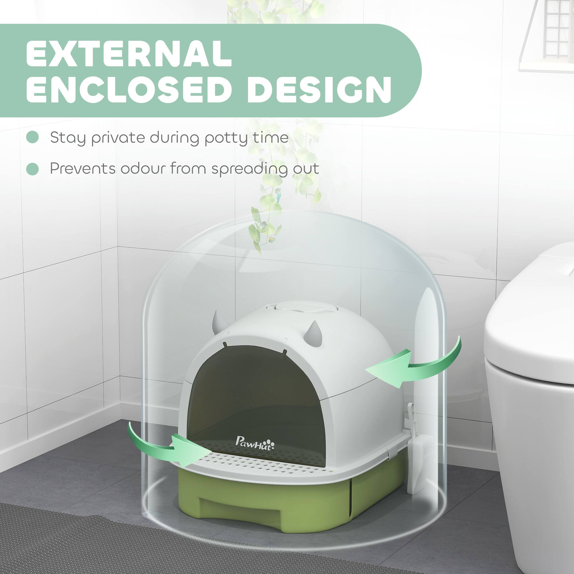 EXTERNAL ENCLOSED DESIGN

- Stay private during potty time
- Prevents odour from spreading out