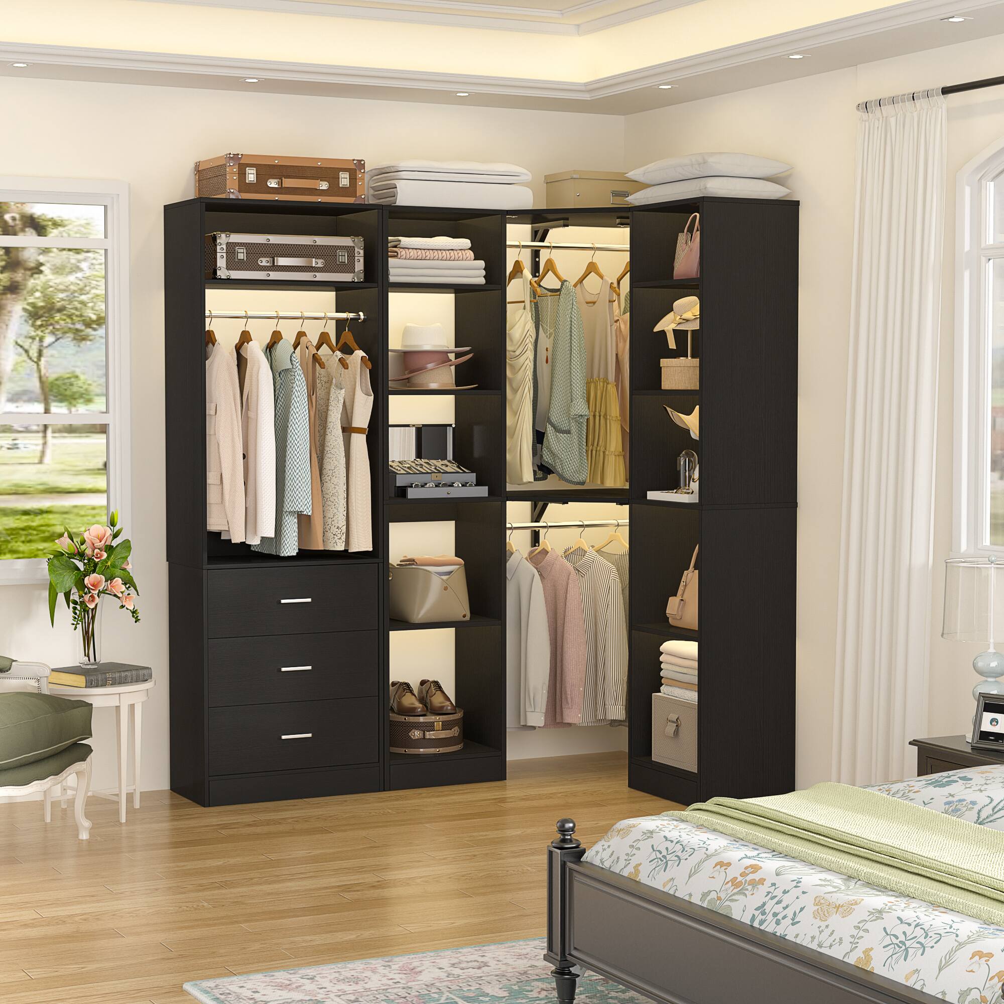 Angle. Aheaplus - L-Shaped Corner Closet: 3 Drawers + 13 Shelves, 2000lb Capacity ,Space-Saving Walk-in Organizer - Black.