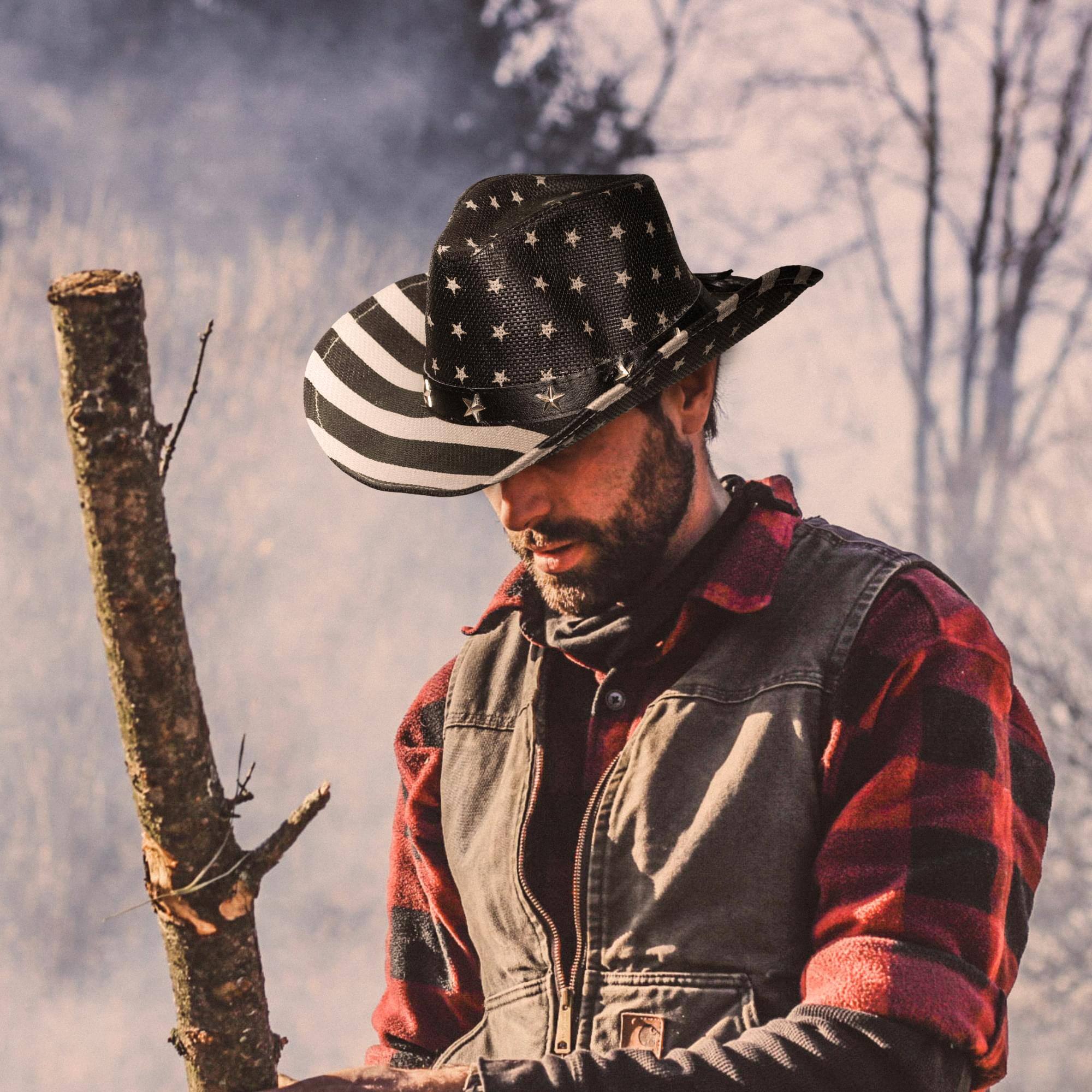 Alt View 10. Underwraps - Black & Gray American Flag Cowboy Hat Adult Costume Accessory - Black.