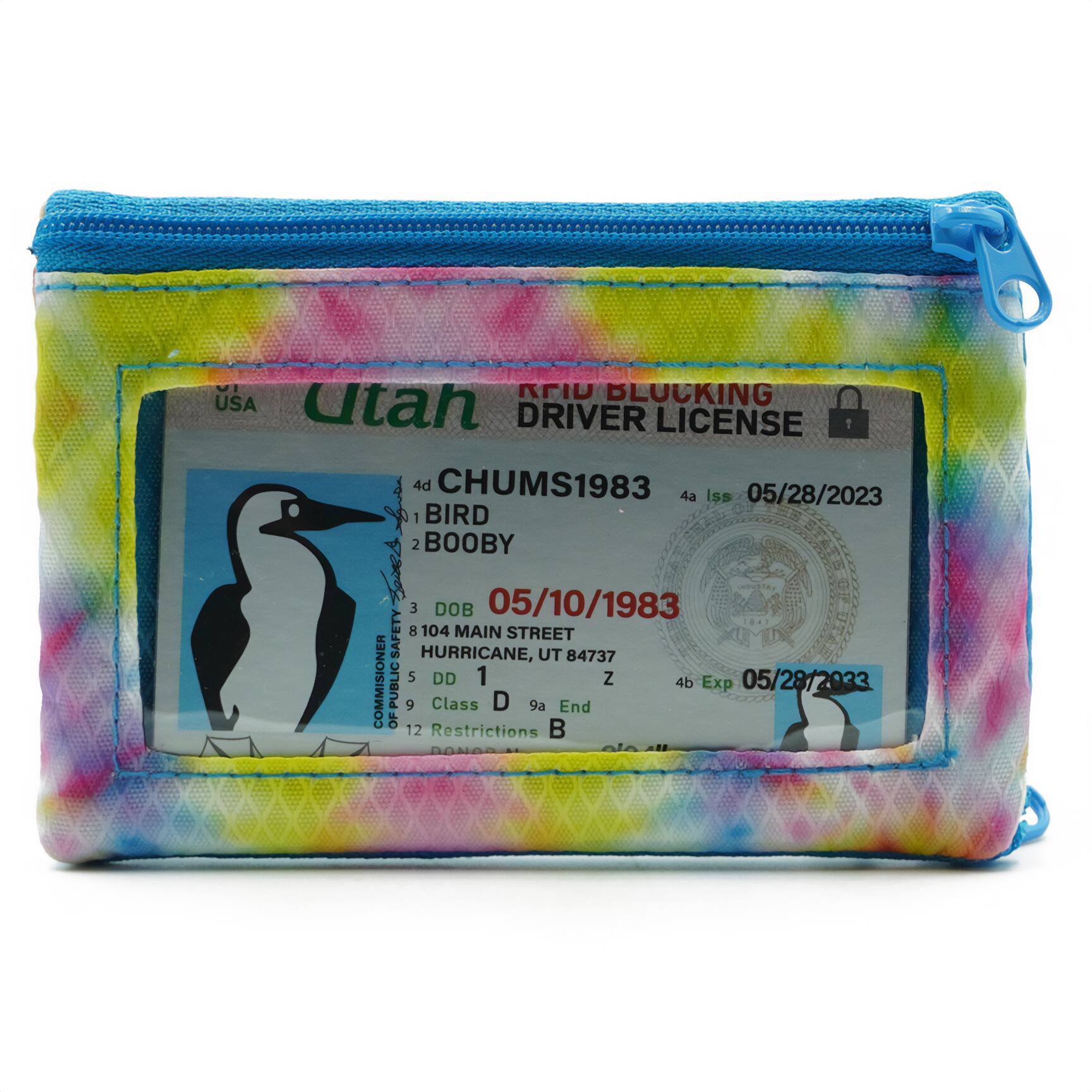 KRIU BLUCKING USA  
CITAN DRIVER LICENSE  
1 4d CHUMS1983  
4a Iss 05/28/2023  
1 BIRD  
2 BOOBY  
3 DOB 05/10/1983  
8 104 MAIN STREET  
SAFE HURRICANE, UT 84737  
COMMISIONER  
5 DD 1  
4b Exp 05/28/2033  
PUBLIC  
9 Class D  
9 End  
12 Restrictions B