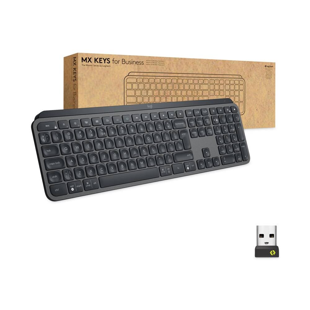MX KEYS for Business  
The Master Series by Logitech  

esc 1 2 3 4 5 6 7 8 9 0 - =  
tab Q W E R T Y U I O P [ ] \  
caps lock A S D F G H J K L ; '  
shift Z X C V B N M , . /  
shift  
ctrl alt spacebar alt  
ctrl  

USB receiver