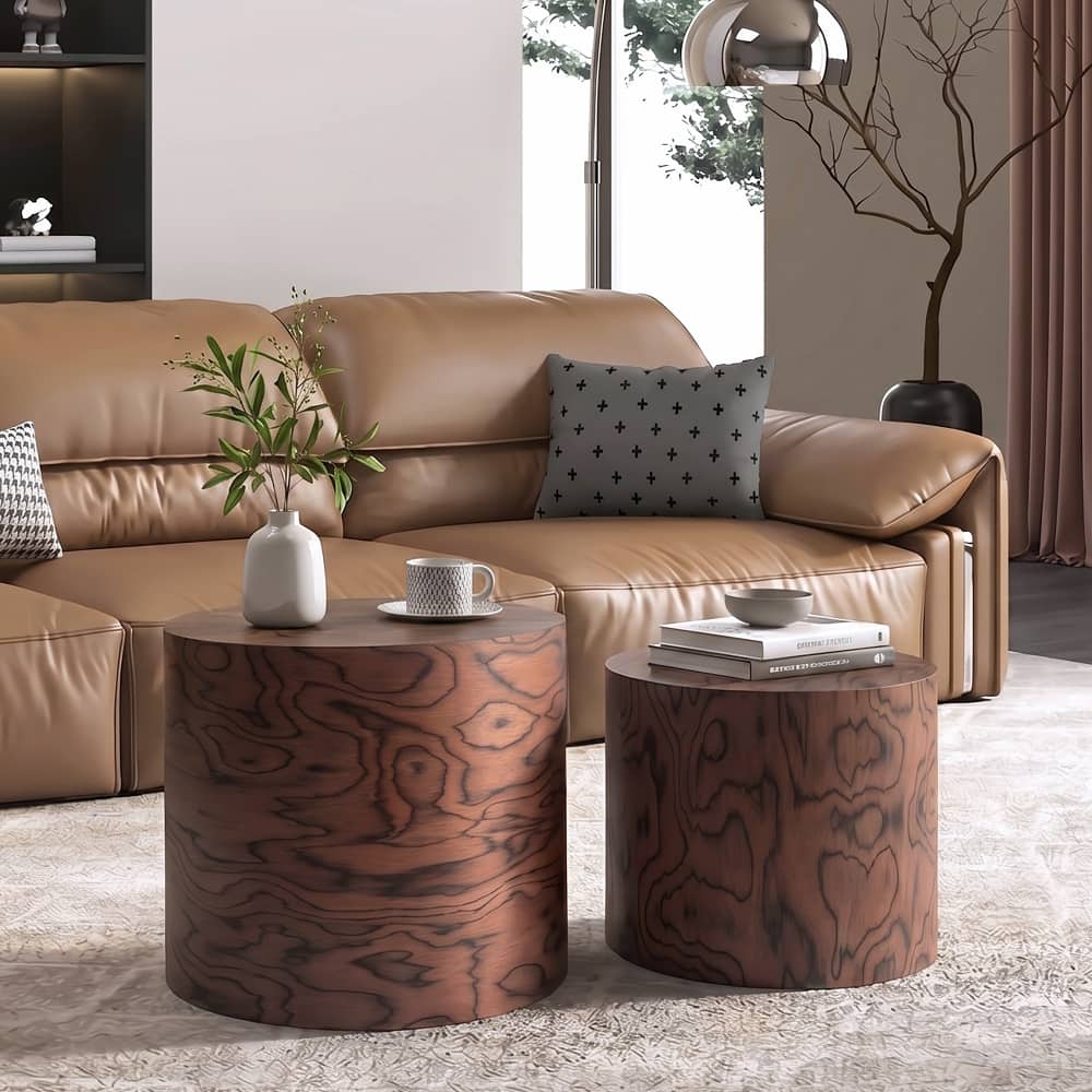 Loheer - 2-Piece Nesting Round Coffee Table Set Tree Stump Drum Accent Side Table No Assembly Pommele - Brown price history on PriceWatchPro