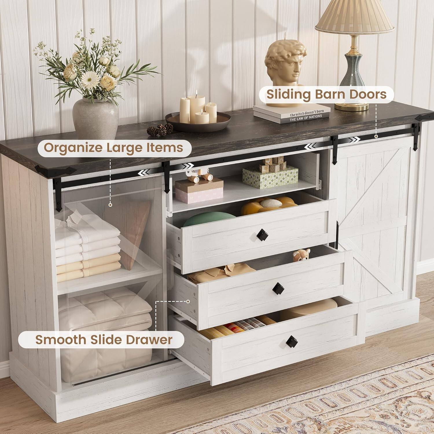 - Sliding Barn Doors
- Organize Large Items
- Smooth Slide Drawer