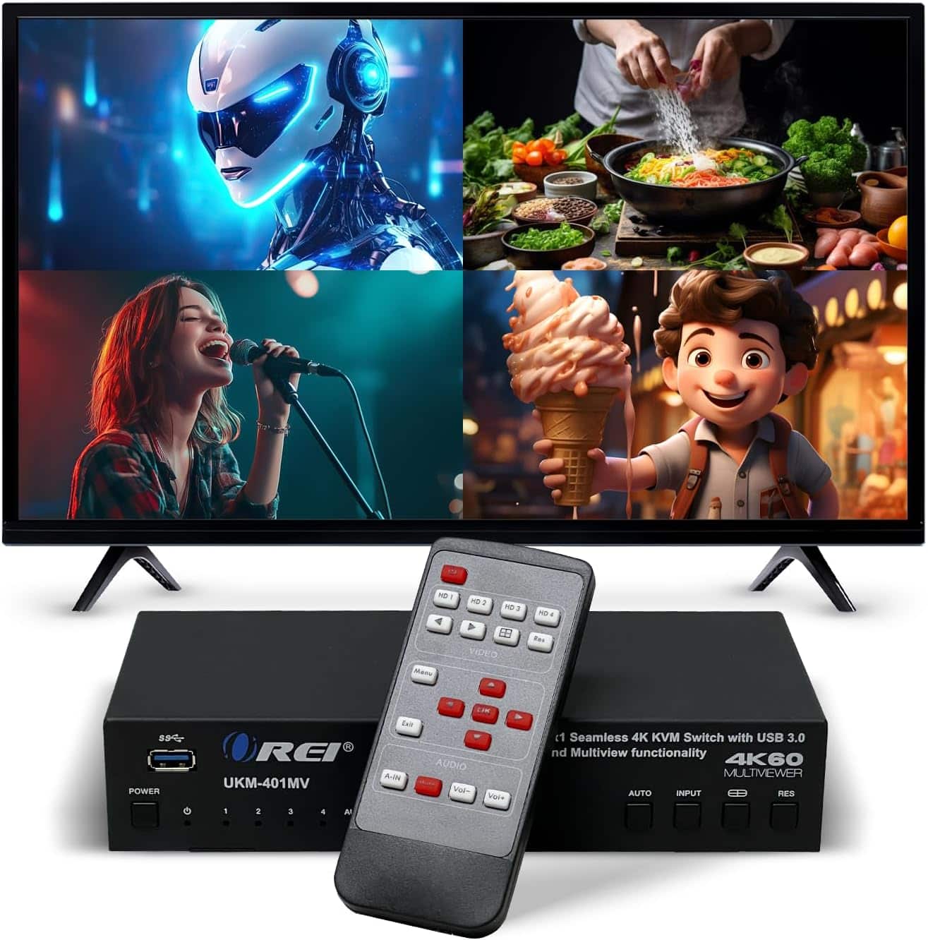 Orei - 4K@60hz 4-port HDMI Seamless KVM Switch w/ Multi Viewer (Audio USB3.0)-UKM-401MV - Black