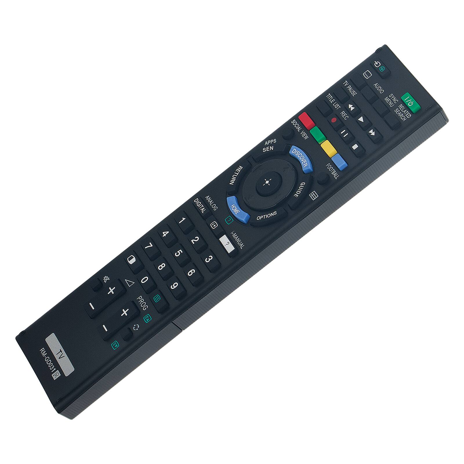 TV PAUSE TITLE LIST REC SOCIAL VIEW  
APPS SEN DISCOVER RETURN FOOTBALL GUIDE  
DIGITAL ANALOG HOME  
OPTIONS a 4 7 2 1 - MANUAL 5 3 8 9 0 6 + 11 I PROG + 1 I  
CIGLA MENU SYNC 1/0 SEARCH ATED RM TV GD031 R KE