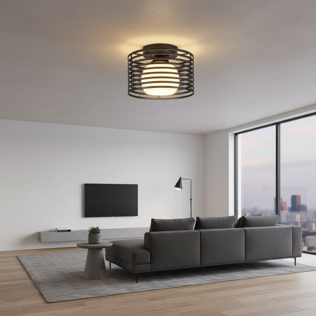 Alt View 2. FINEAK - 9" Modern Industrial Semi-Flush Ceiling Light, Black Glass Shade for Multi-Spaces.