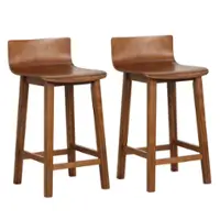 Costway - 24.5" Wood Bar Stools Set of 2 with Solid Back & Seat Mid Century Bar Chairs - Brown - Front_Zoom