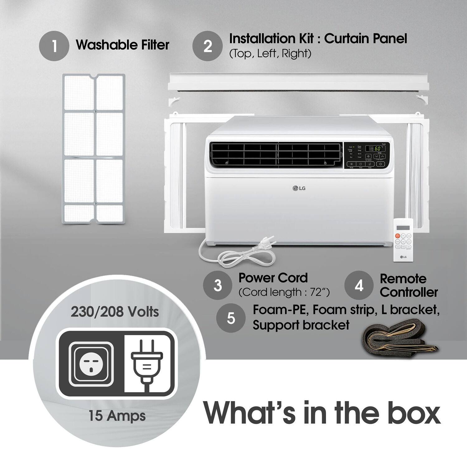 1. Washable Filter  
2. Installation Kit: Curtain Panel (Top, Left, Right)  
3. Power Cord (Cord length: 72")  
4. Remote Controller  
5. Foam-PE, Foam strip, L bracket, Support bracket  

230/208 Volts  
15 Amps  

What's in the box