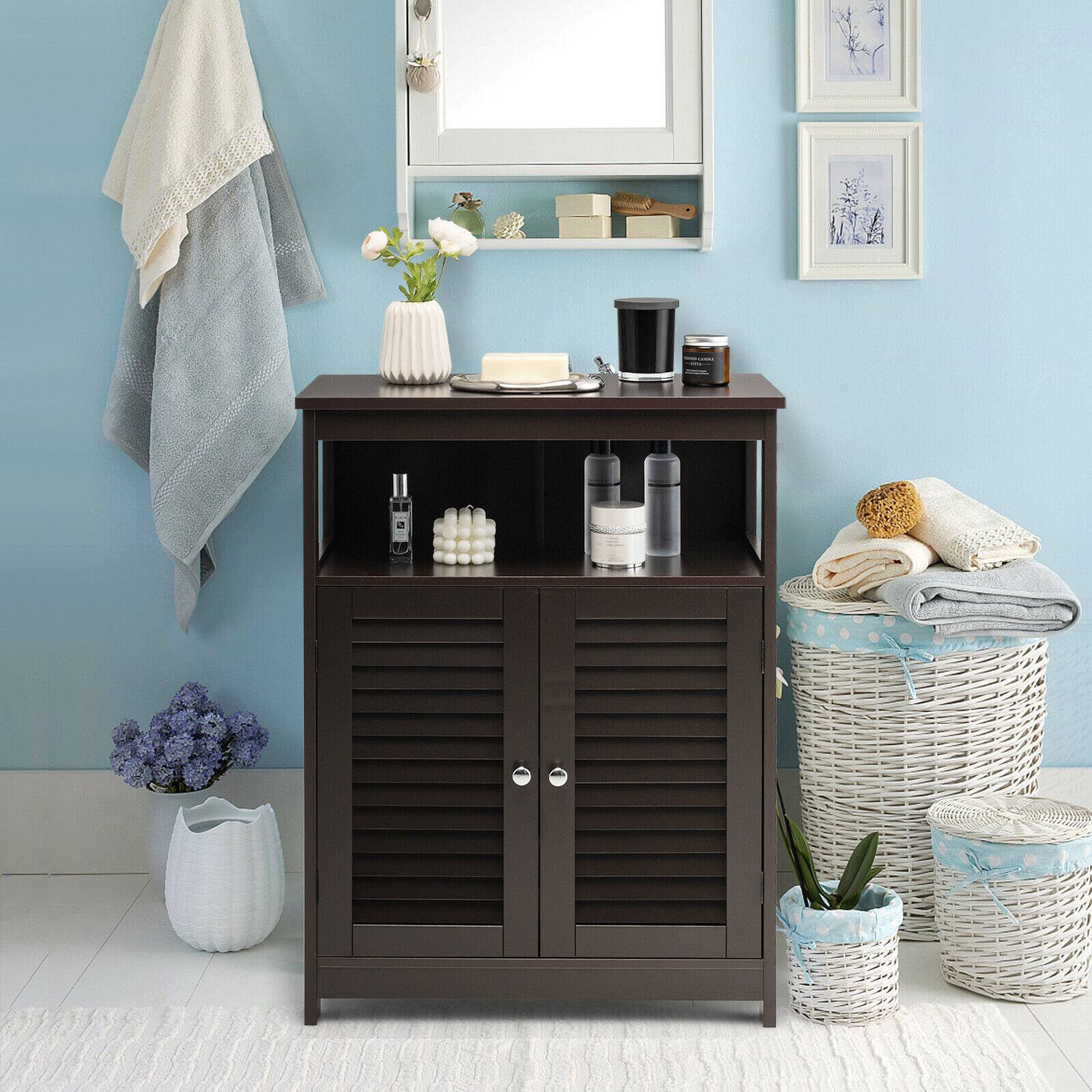 Alt View 7. Ecooso - Wood Freestanding Bathroom Storage Cabinet with Double Shutter Door - Brown.