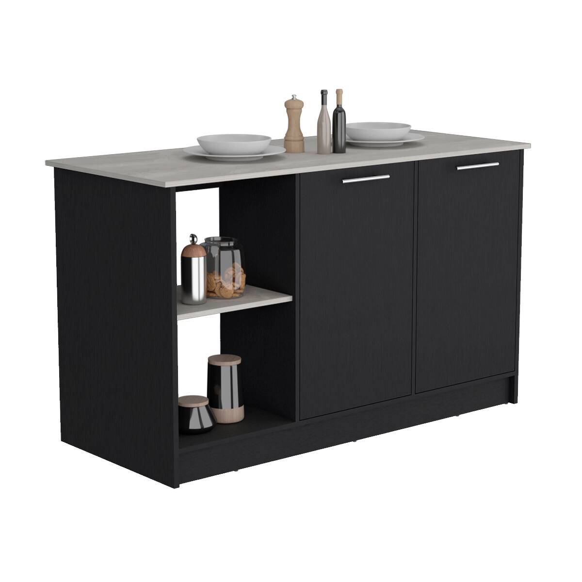 Alt View 2. Loheer - Loheer Black Kitchen Island with Large Countertop and Storage - Black.