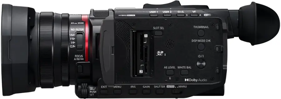 Hybrio O.I.S. 3 VF 4 Wa FI 25 - WIDE ND FILTER SLOT SEL x THUMBNAIL 1/64- 1/16 1/4 CLR- 1 DISP/MODE CHK FOCUS A/M/0O SP 1/2 AE LEVEL WHITE BAL 6 Dolby Audio SEL PUSH SET EXIT MENU IRIS GAIN SHUTTER AUTO MANU