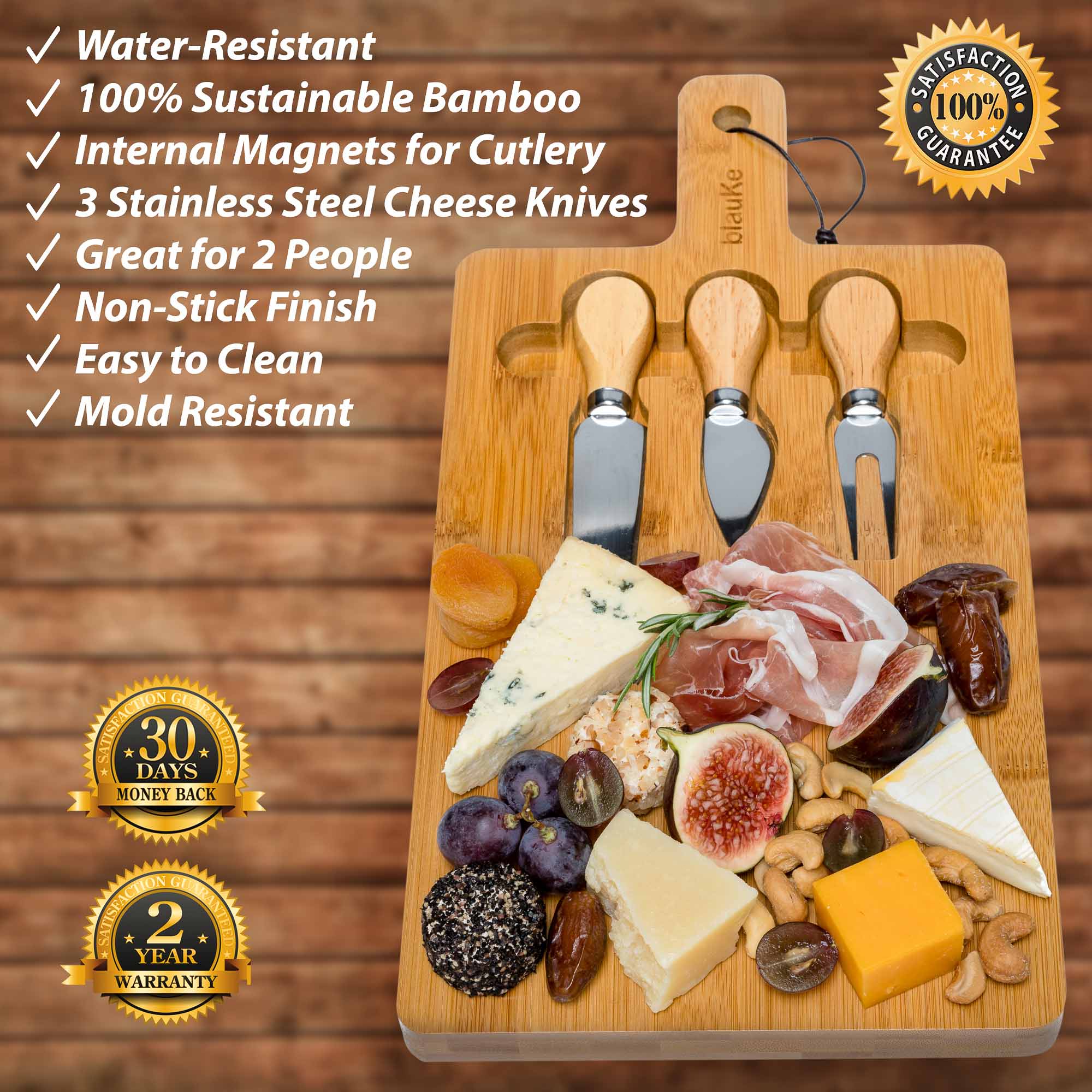 Water-Resistant, 100% Sustainable Bamboo, Internal Magnets for Cutlery, 3 Stainless Steel Cheese Knives, Great for 2 People, Non-Stick Finish, Easy to Clean, Mold Resistant, blauKe, 100% Guarantee, 30 Days Money Back, 2 Year Warranty