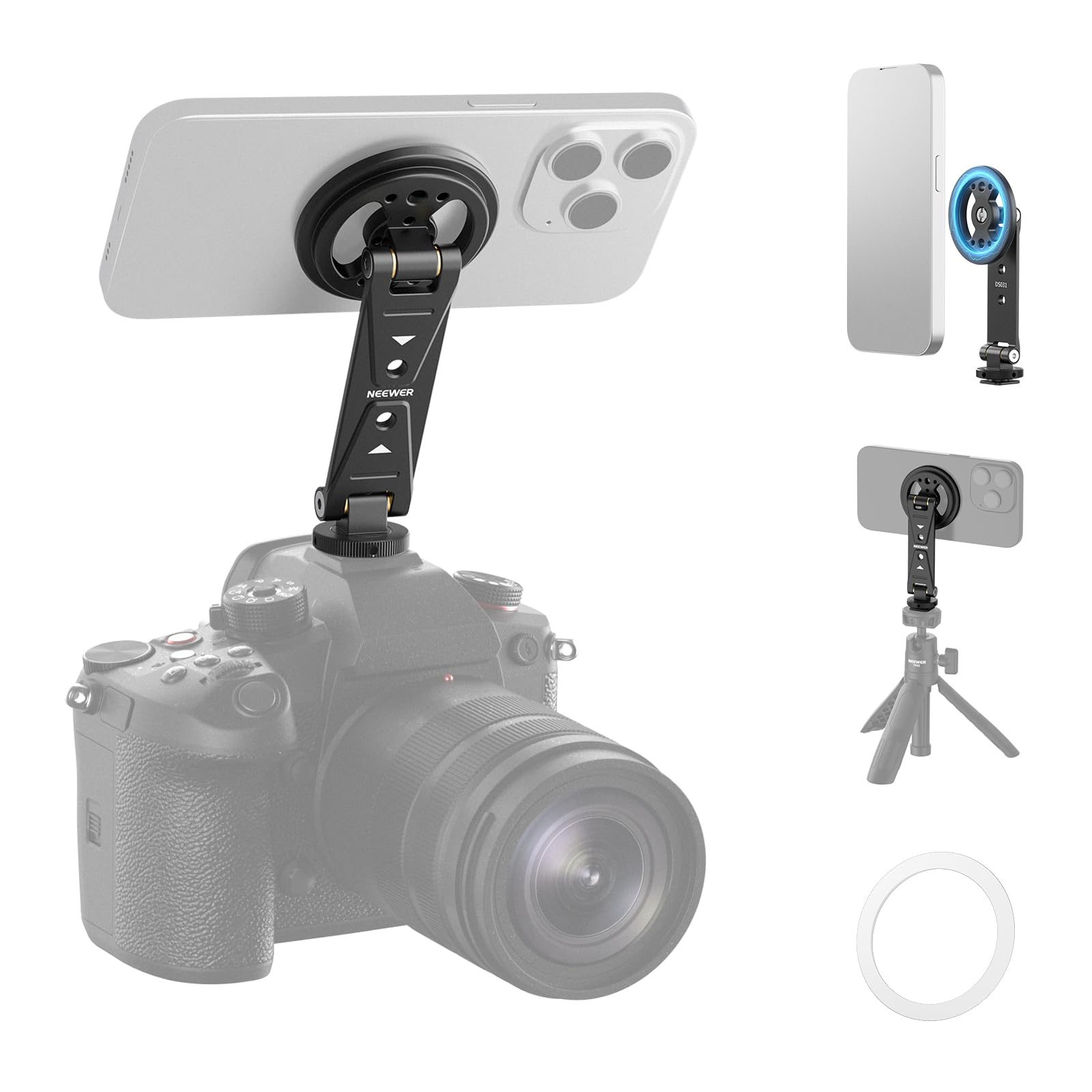 Front. Neewer - Magnetic Phone Tripod Mount, MagSafe, Cold Shoe - Black.