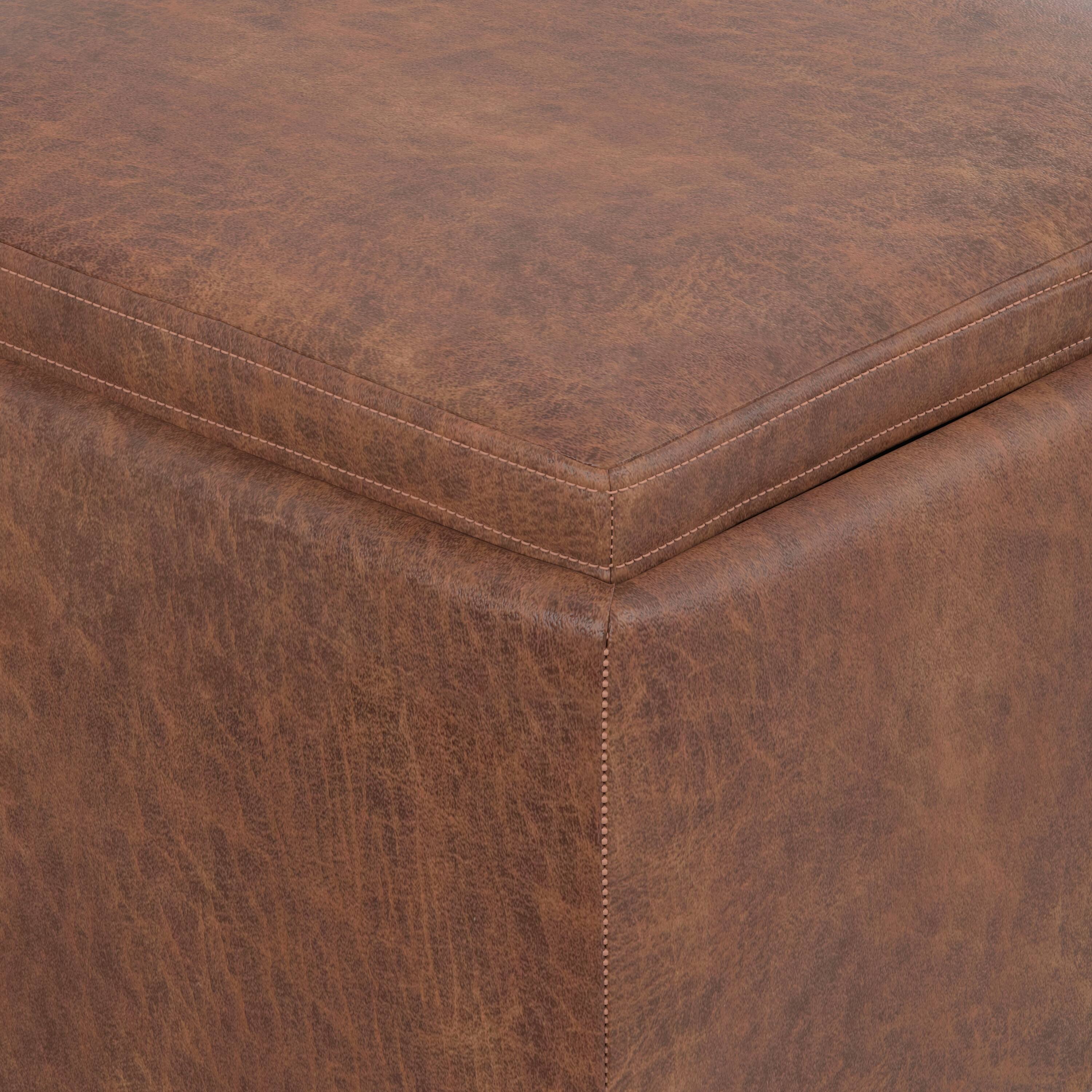 Alt View 4. Simpli Home - Natasha 18 inch Square Mid Century Storage Ottoman with Tray in Distressed Saddle Brown  Vegan Faux Leather, Assembled - Distressed Saddle Brown.