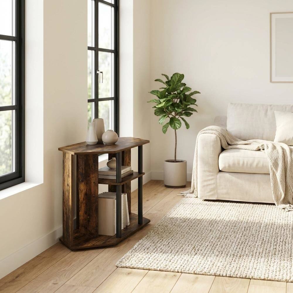 Alt View 2. FurniFact - Wood TV Stand, Plastic Poles, Up to 43-Inch Screen in Amber Pine, Black - Brown Black.