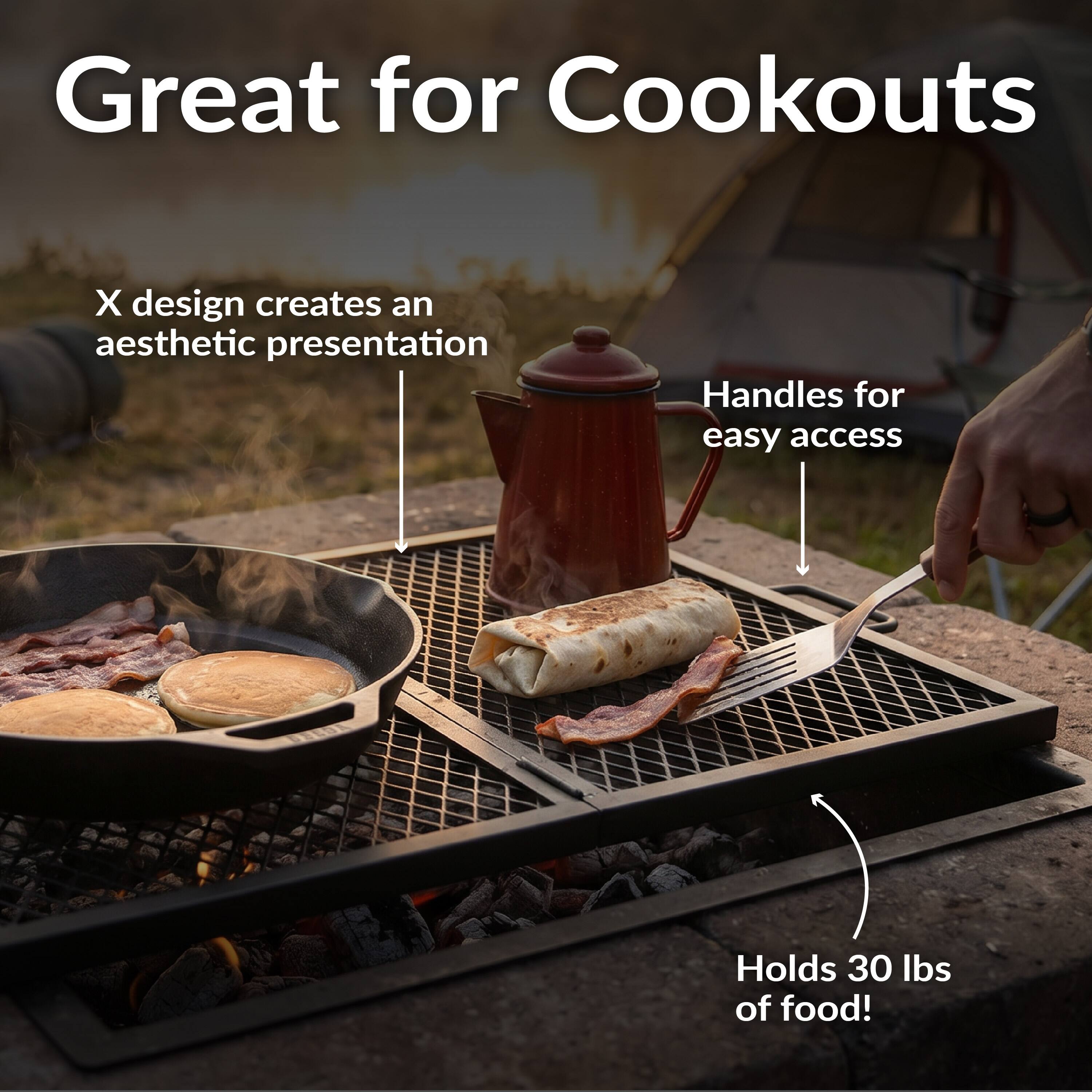 Great for Cookouts  
X design creates an aesthetic presentation  
Handles for easy access  
Holds 30 lbs of food!