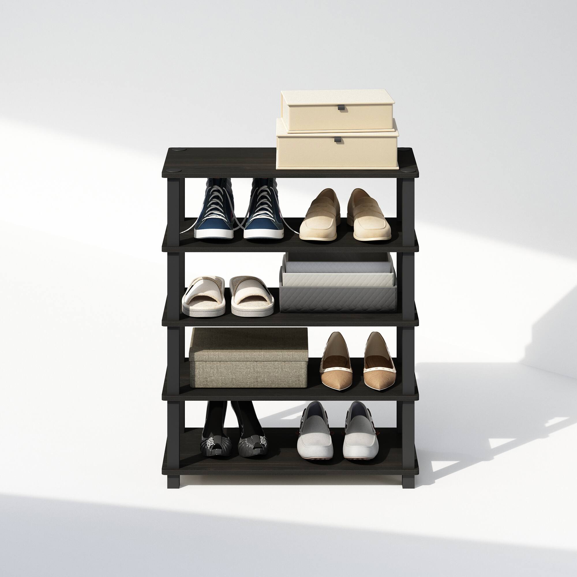 Alt View 4. Furinno - Turn-S-Tube 3-Tier Multipurpose Stackable Shoe Rack, Set of 2 - Espresso/Black.