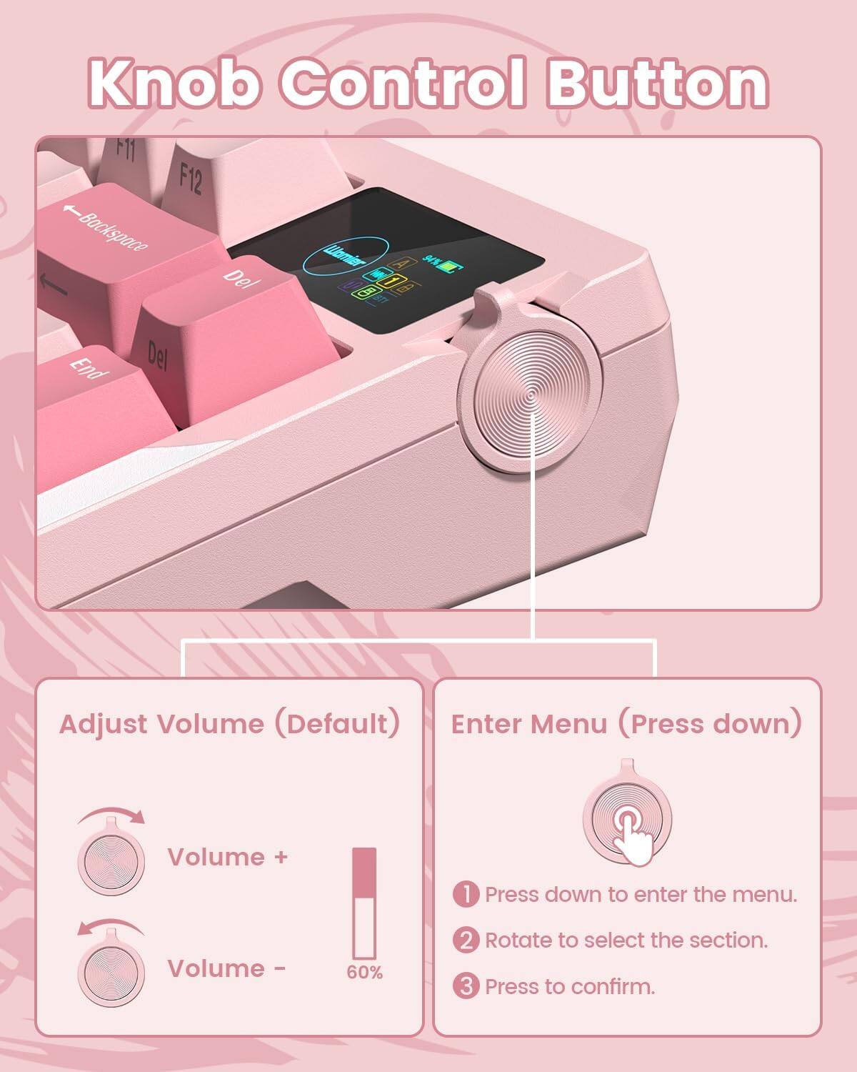 Knob Control Button

- M11
- F12
- Backspace
- Del
- End
- Adjust Volume (Default)
- Enter Menu (Press down)

1. Press down to enter the menu.
2. Rotate to select the section.
3. Press to confirm.

Volume +  
Volume - 60%