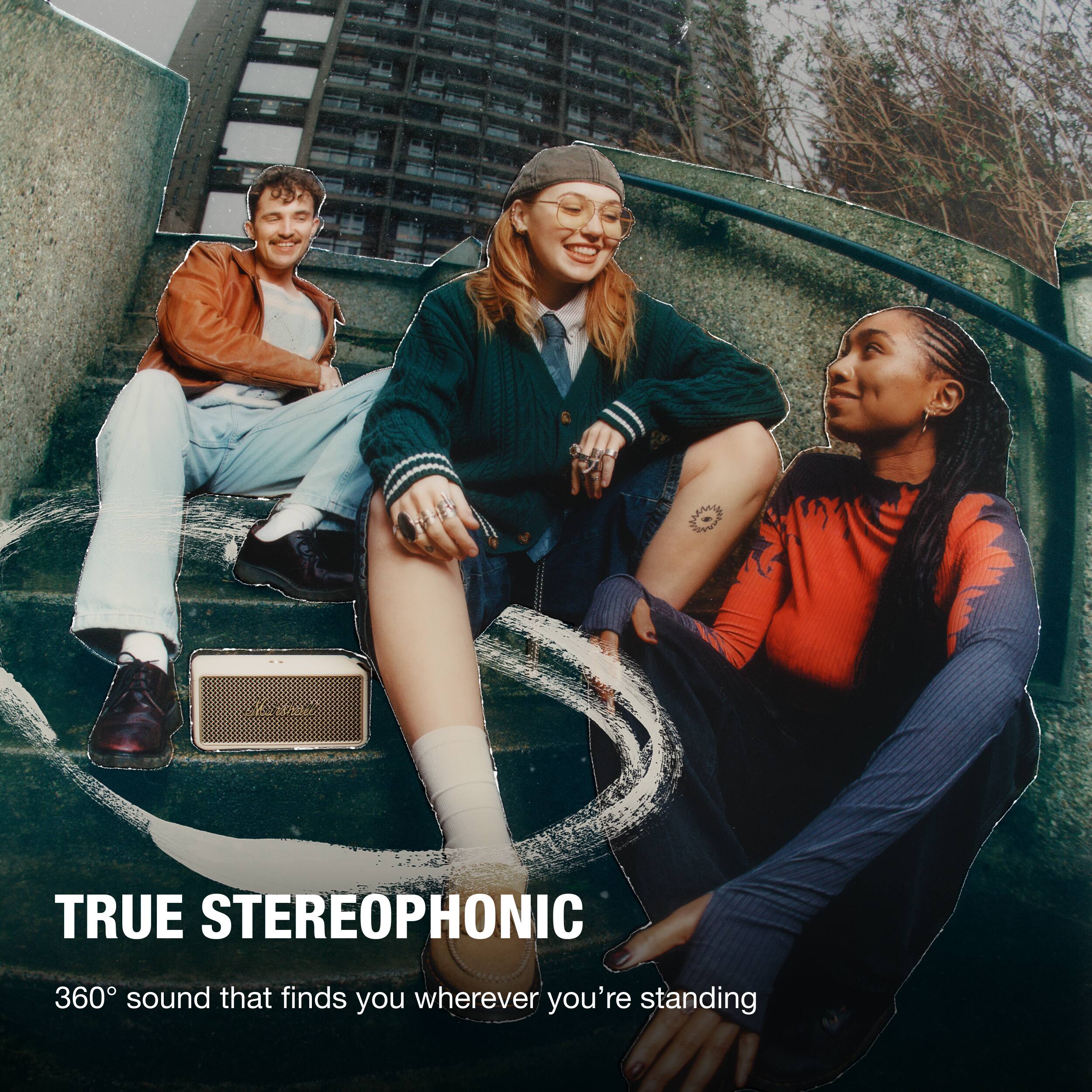 The text on the image reads: "True Stereophonic 360 sound that finds you wherever you're standing."