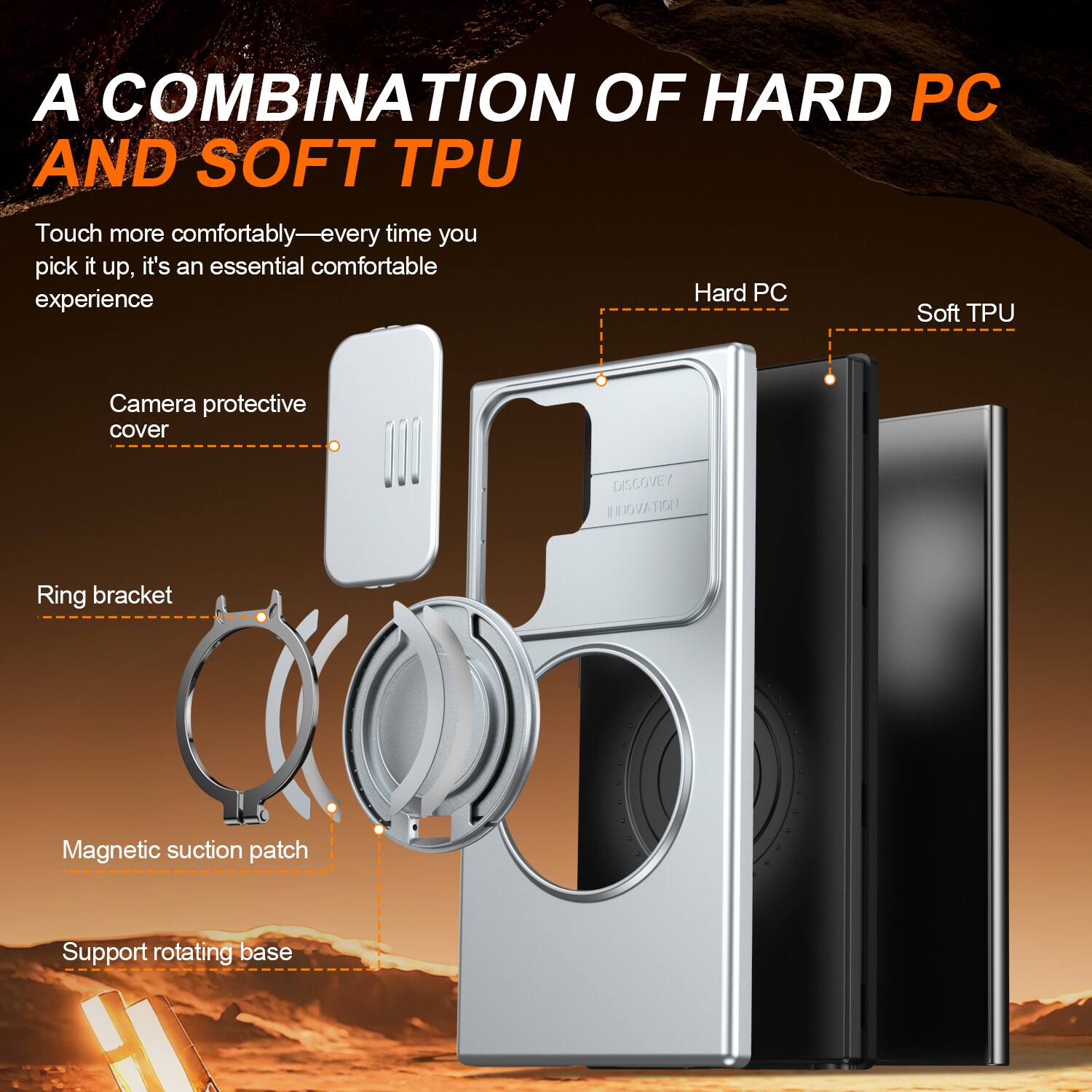 A COMBINATION OF HARD PC AND SOFT TPU

Touch more comfortably—every time you pick it up, it's an essential comfortable experience

Camera protective cover
Ring bracket
Magnetic suction patch
Support rotating base

Hard PC
Soft TPU