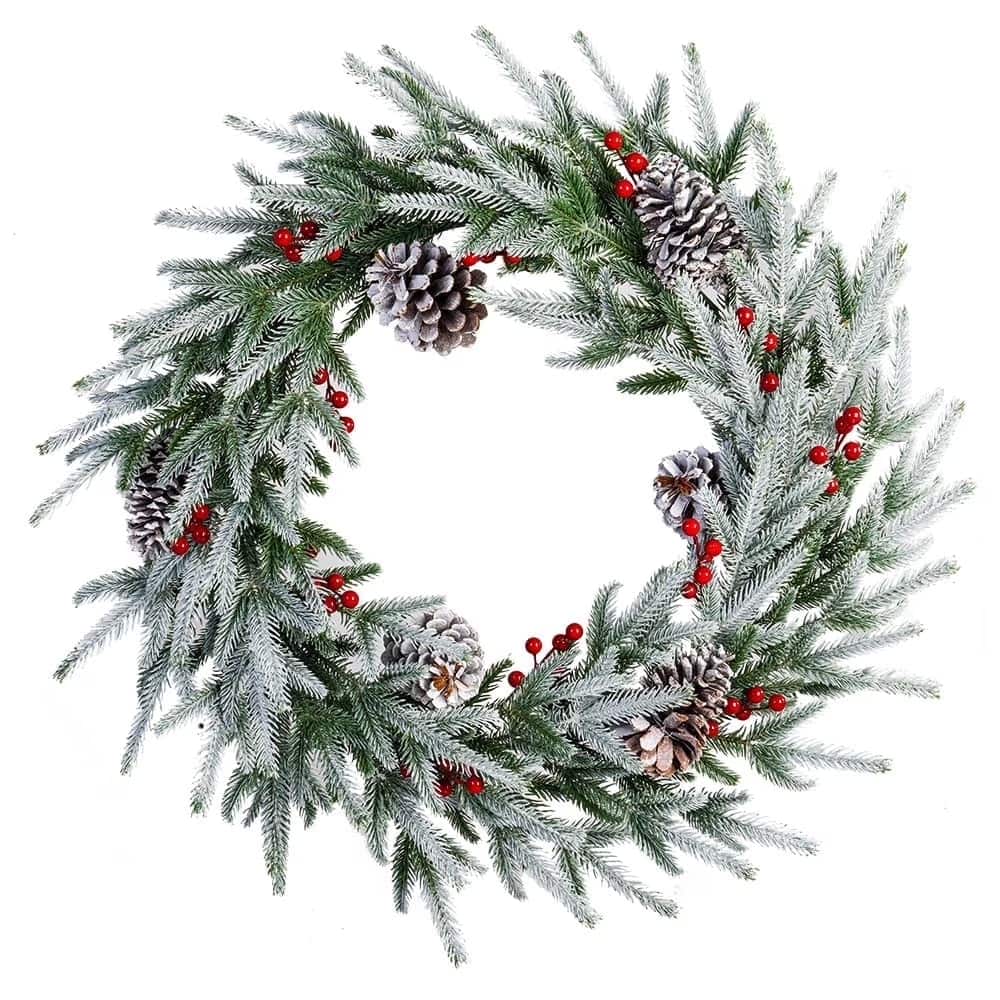 MOVSSOU - 28" Artificial Christmas Wreath - Frosted Spruce with Pine Cones & Berries, Holiday Decor for Door & Wall - Green