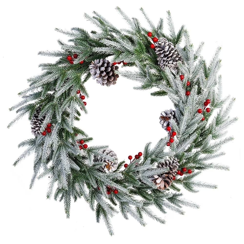 Front. MOVSSOU - 28" Artificial Christmas Wreath - Frosted Spruce with Pine Cones & Berries, Holiday Decor for Door & Wall - Green.