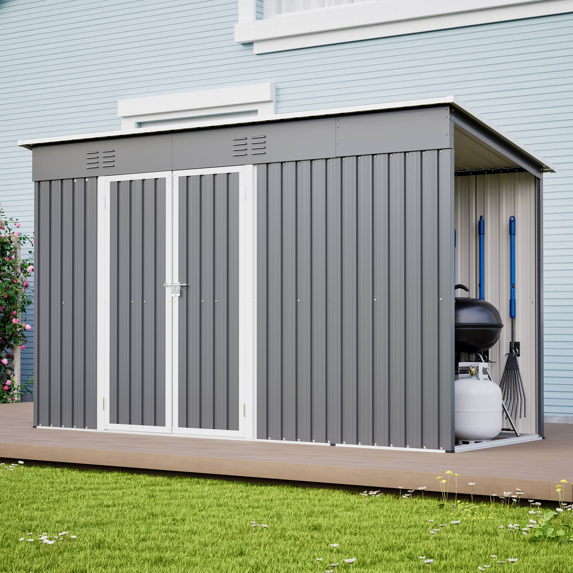 Front. Loheer - Loheer 10x4 Outdoor Metal Storage Shed for Garden Tools with Floor Frame and Lockable Door Grey Backyard Utility Shed.